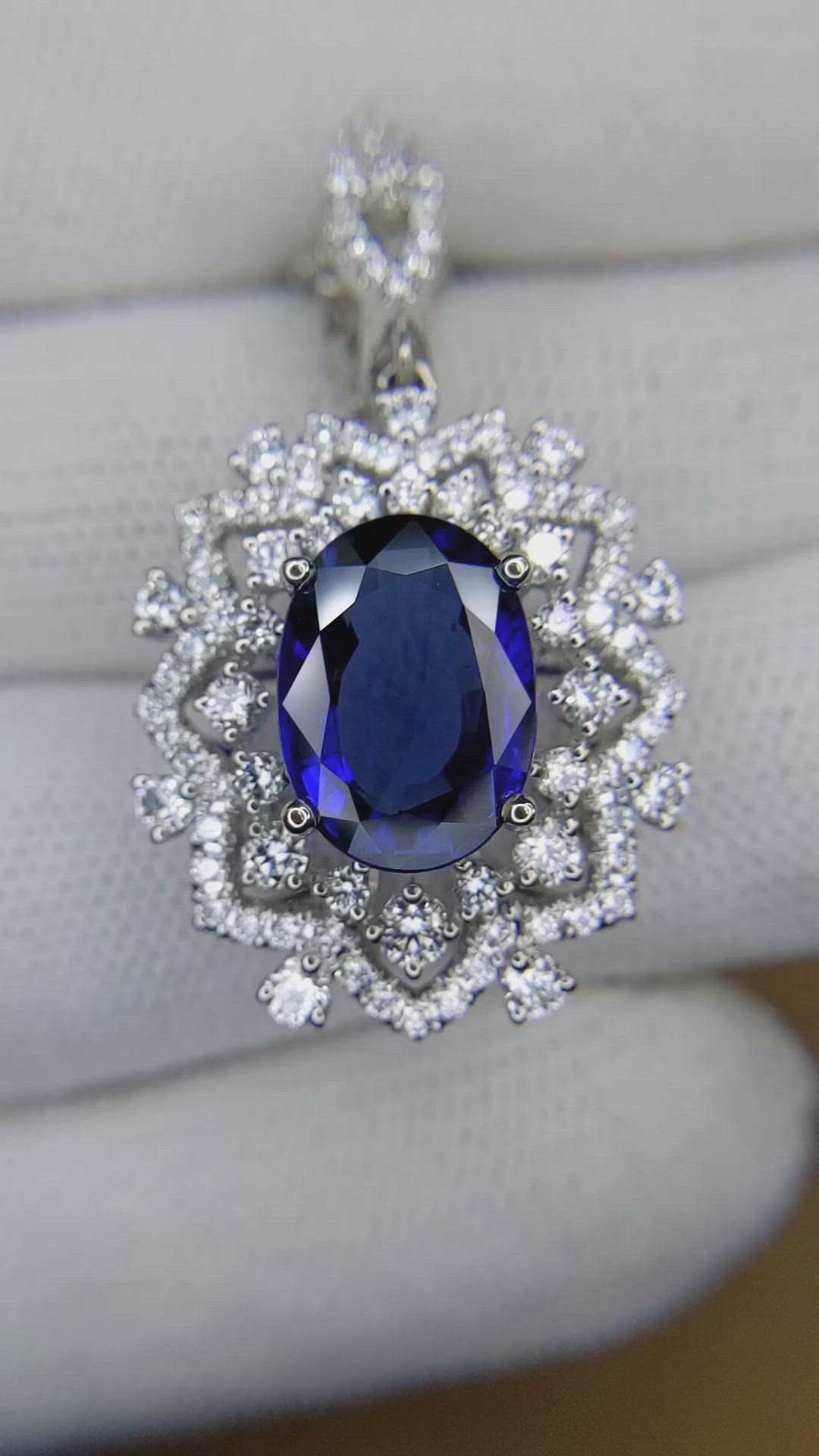 6.30 Ct. Blue Sapphire and Natural Diamond Pave Pendant, 18K White Gold Size Video