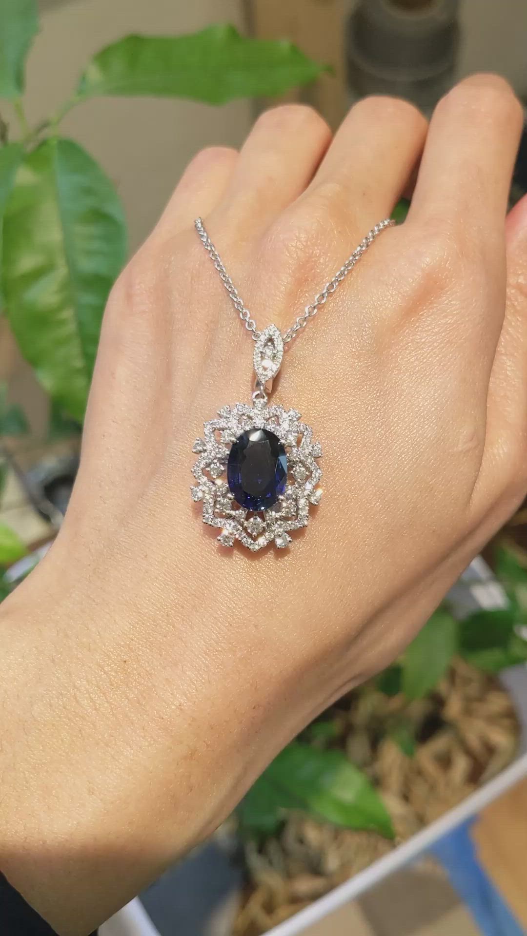 6.30 Ct. Blue Sapphire and Natural Diamond Pave Pendant, 18K White Gold Size Video
