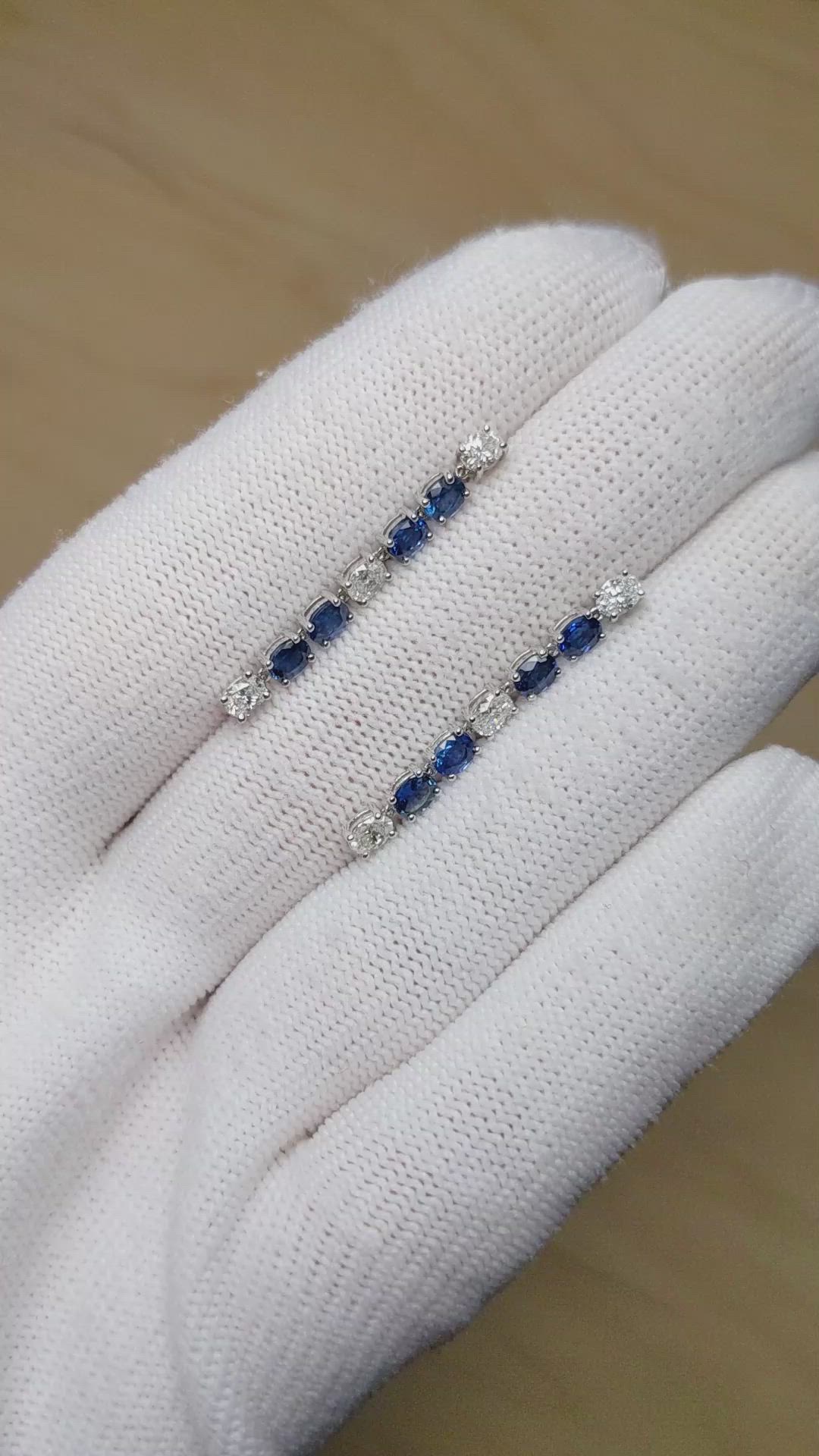 1.70&nbsp;Ct.Tw.Total Carat Weight Blue Sapphire and Natural Diamond Drops Earrings, 18K White Gold Size Video