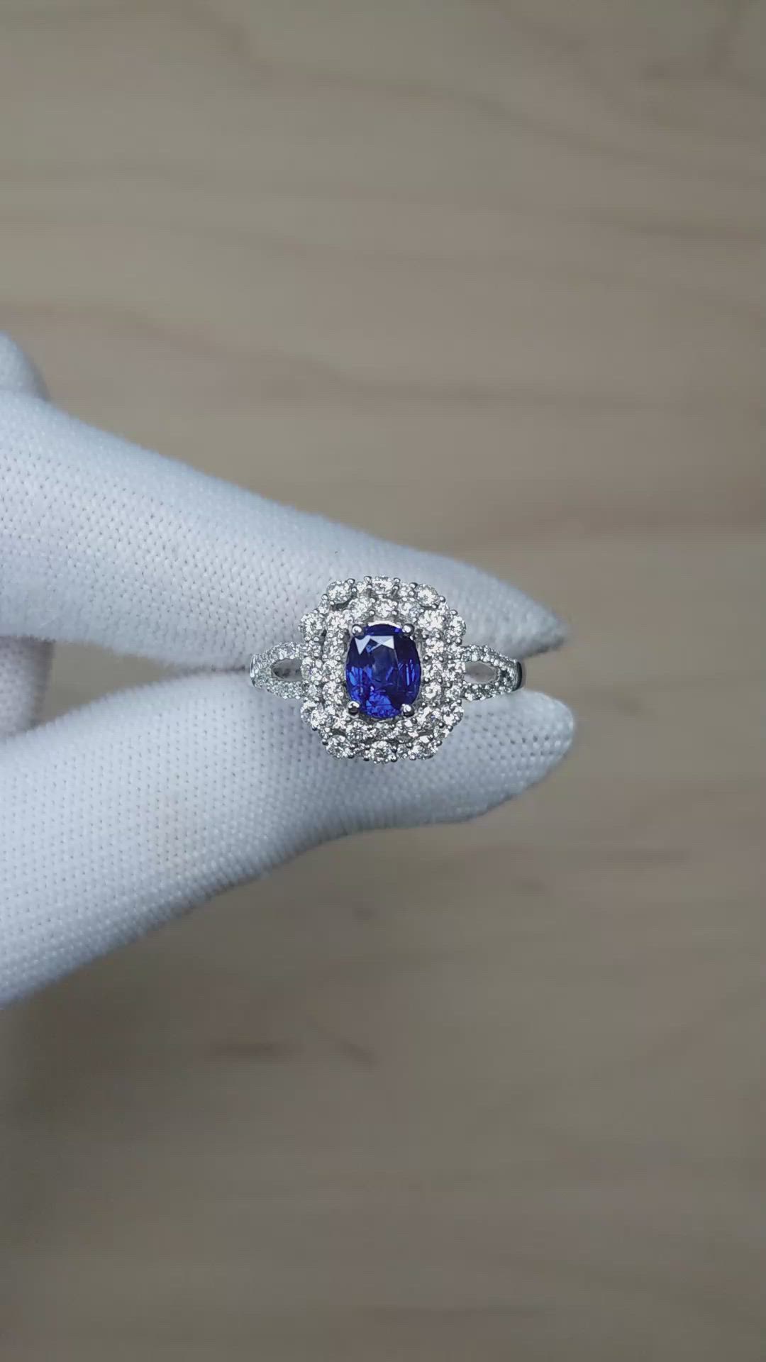 1.32 Ct. Purplish Blue Sapphire Pave Ring, 14K White Gold Size Video