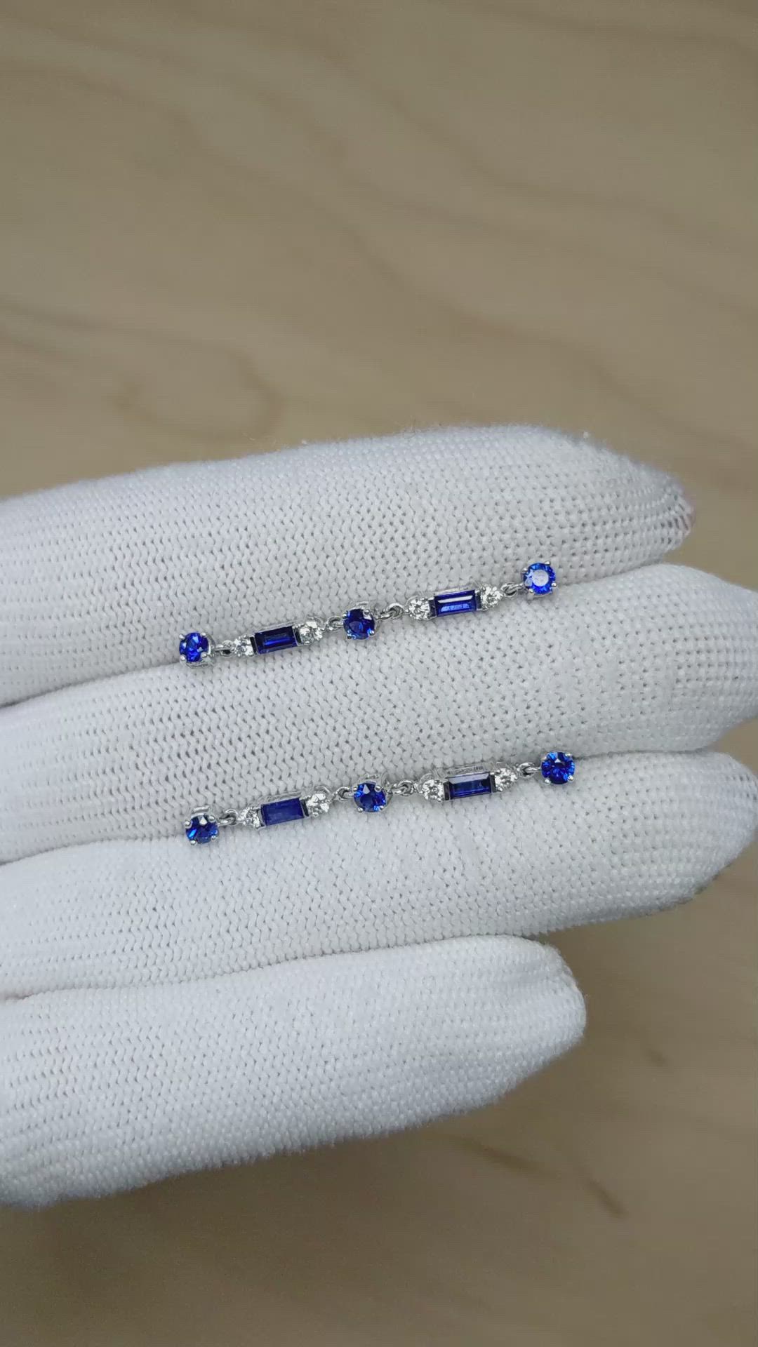 0.80&nbsp;Ct.Tw.Total Carat Weight Blue Sapphire and Natural Diamond Drops Earrings, 18K White Gold Size Video