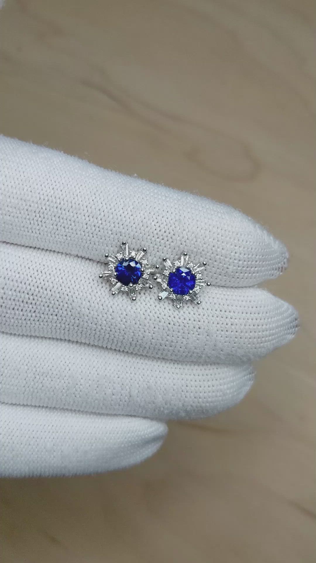 1.66 Ct.Tw.Total Carat Weight Blue Sapphire and Natural Diamond Halo Earrings, 18K White Gold Size Video