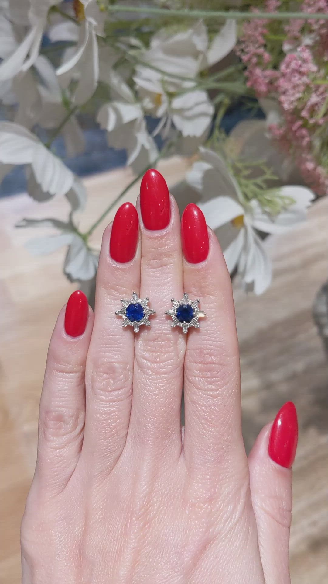1.66 Ct.Tw.Total Carat Weight Blue Sapphire and Natural Diamond Halo Earrings, 18K White Gold Size Video