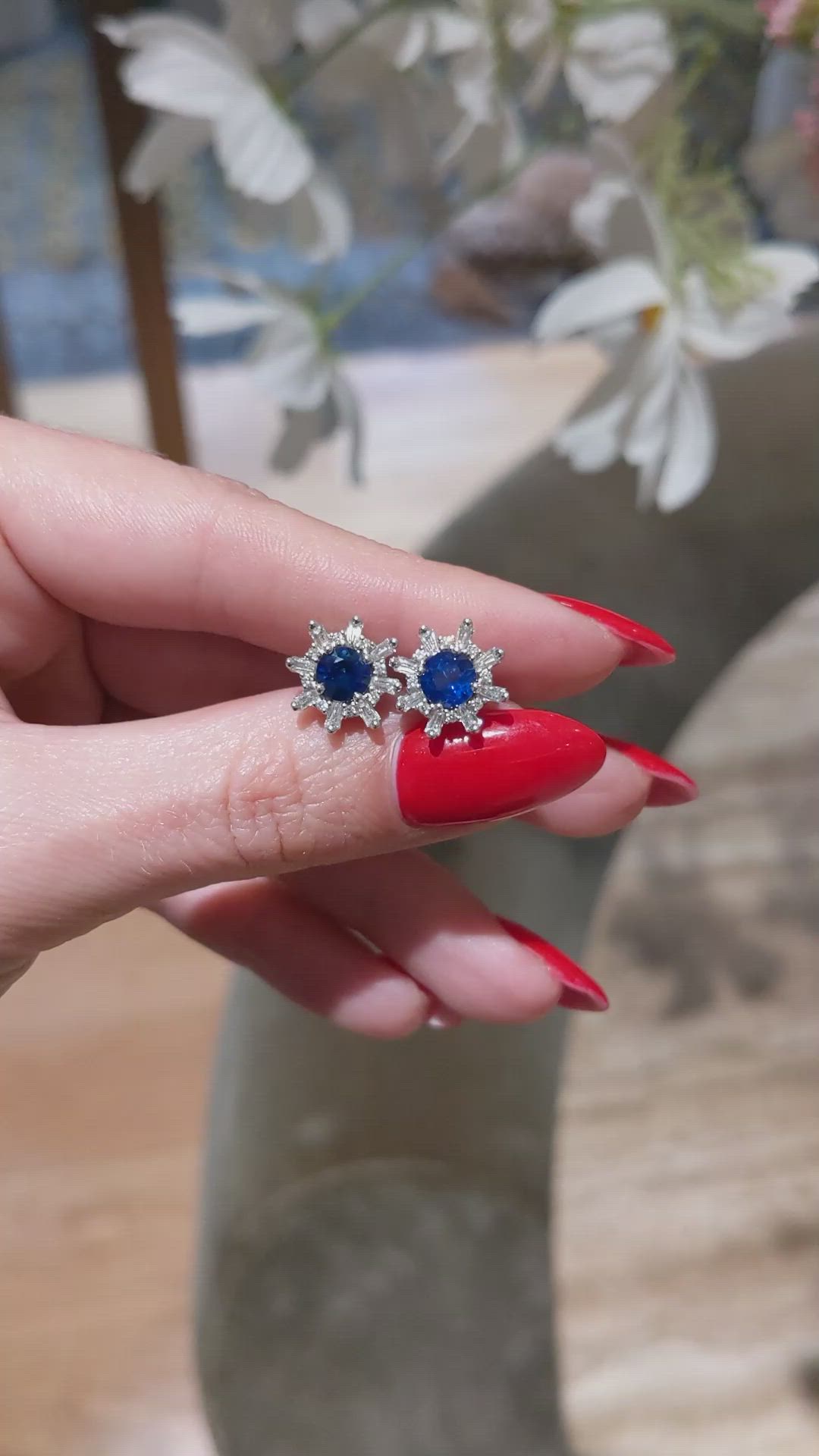 1.66 Ct.Tw.Total Carat Weight Blue Sapphire and Natural Diamond Halo Earrings, 18K White Gold Size Video