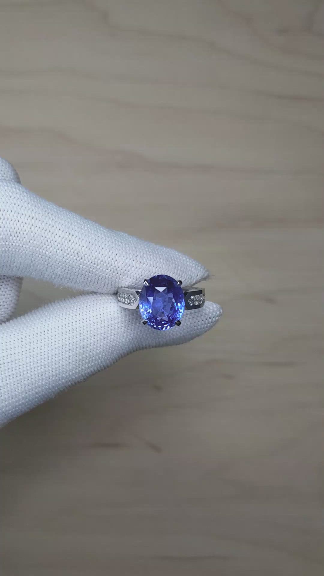 9.19 Ct. Blue Sapphire and Natural Diamond Pave Ring, Platinum 950 Size Video