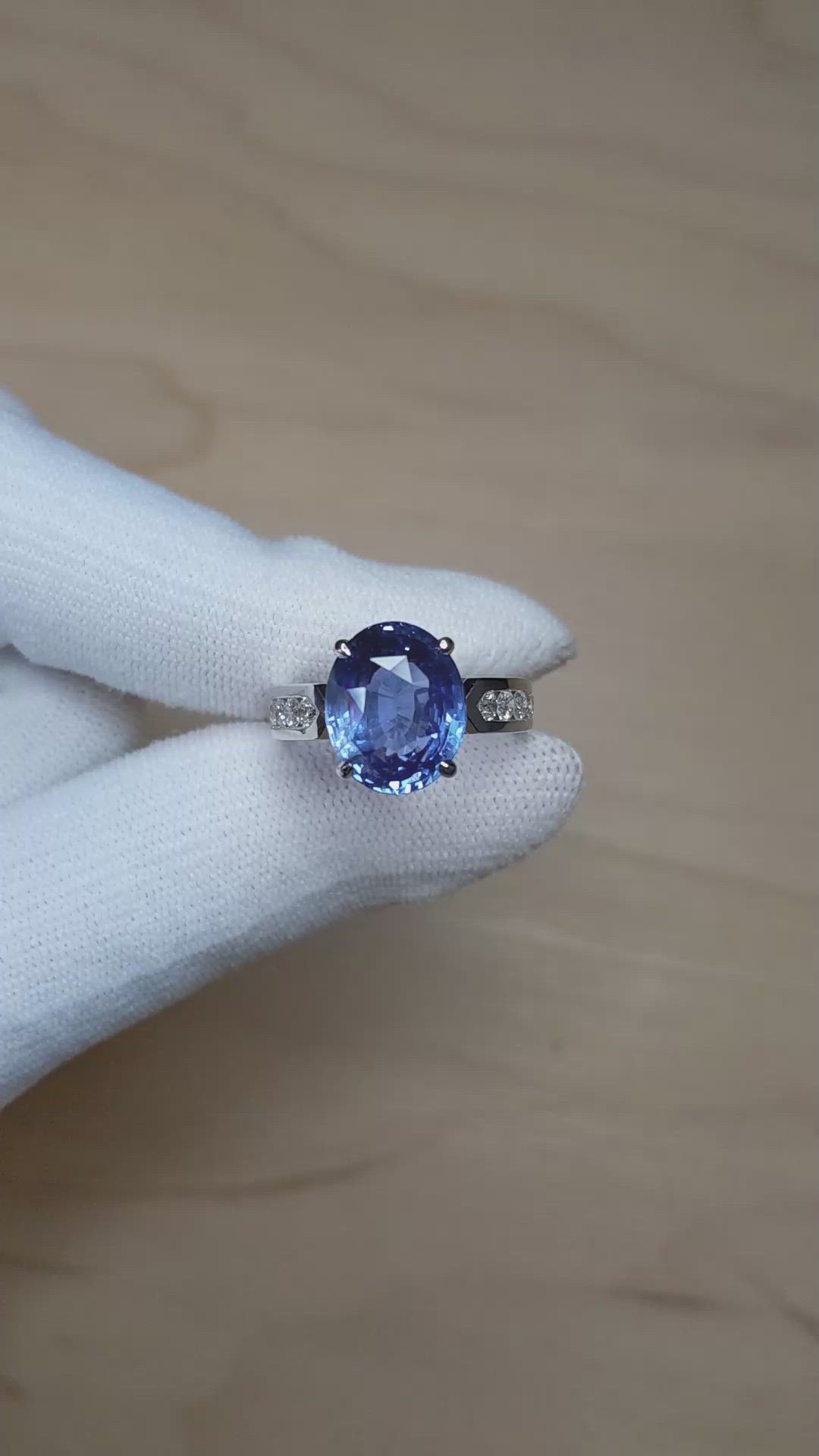9.19 Ct. Blue Sapphire and Natural Diamond Pave Ring, Platinum 950 Size Video