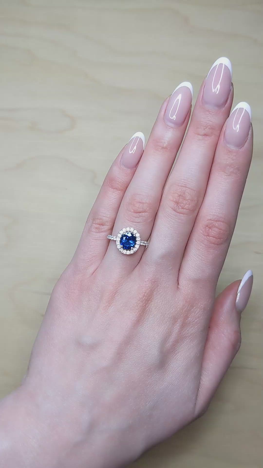 1.98 Ct. Blue Sapphire and Natural Diamond Pave Ring, 18K White Gold Size Video