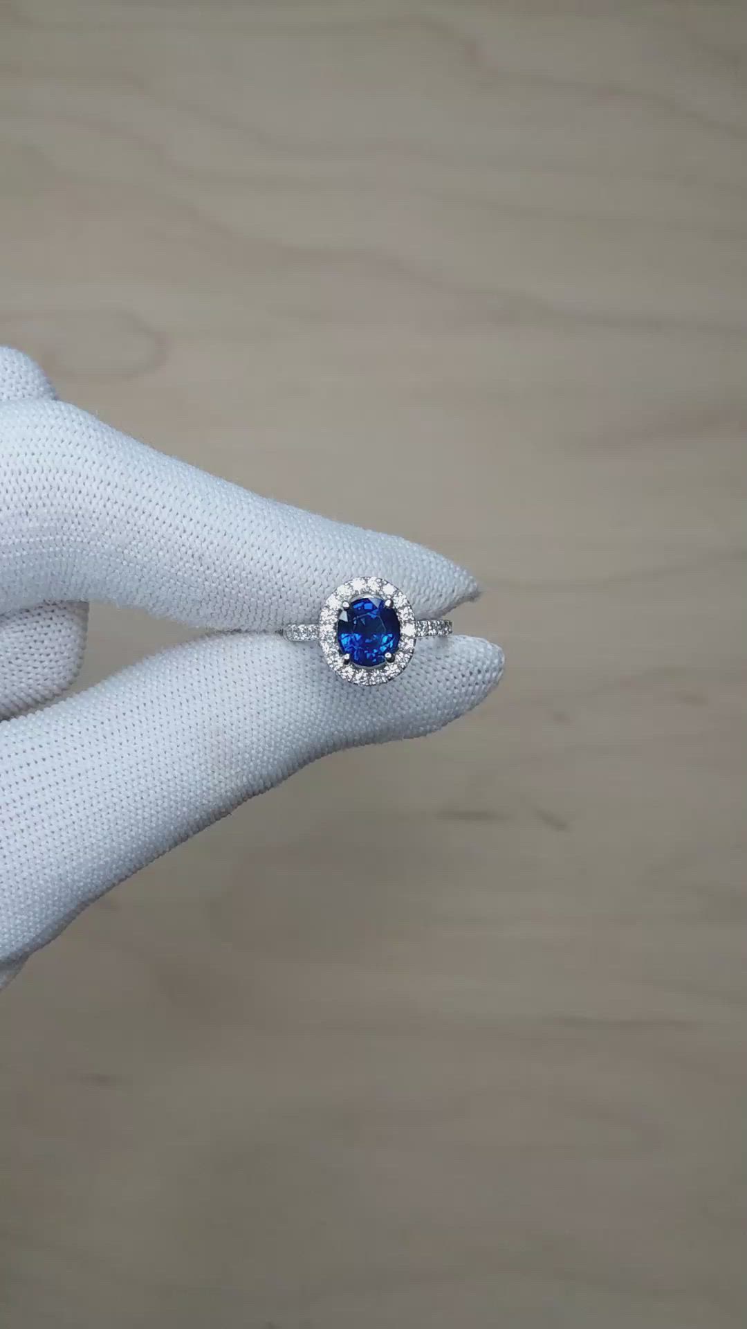 1.98 Ct. Blue Sapphire and Natural Diamond Pave Ring, 18K White Gold Size Video