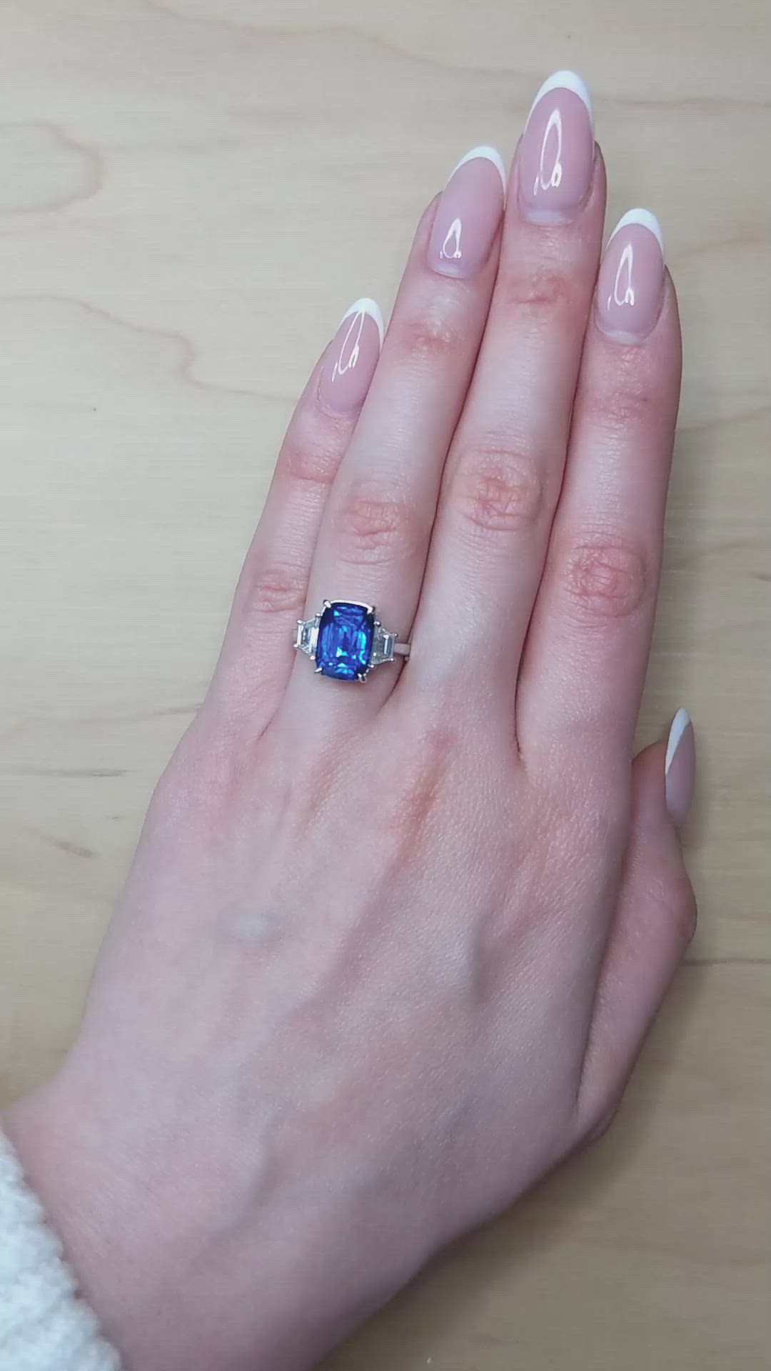 6.72 Ct. Blue Sapphire and Natural Diamond Three Stone Ring, 18K White Gold Size Video