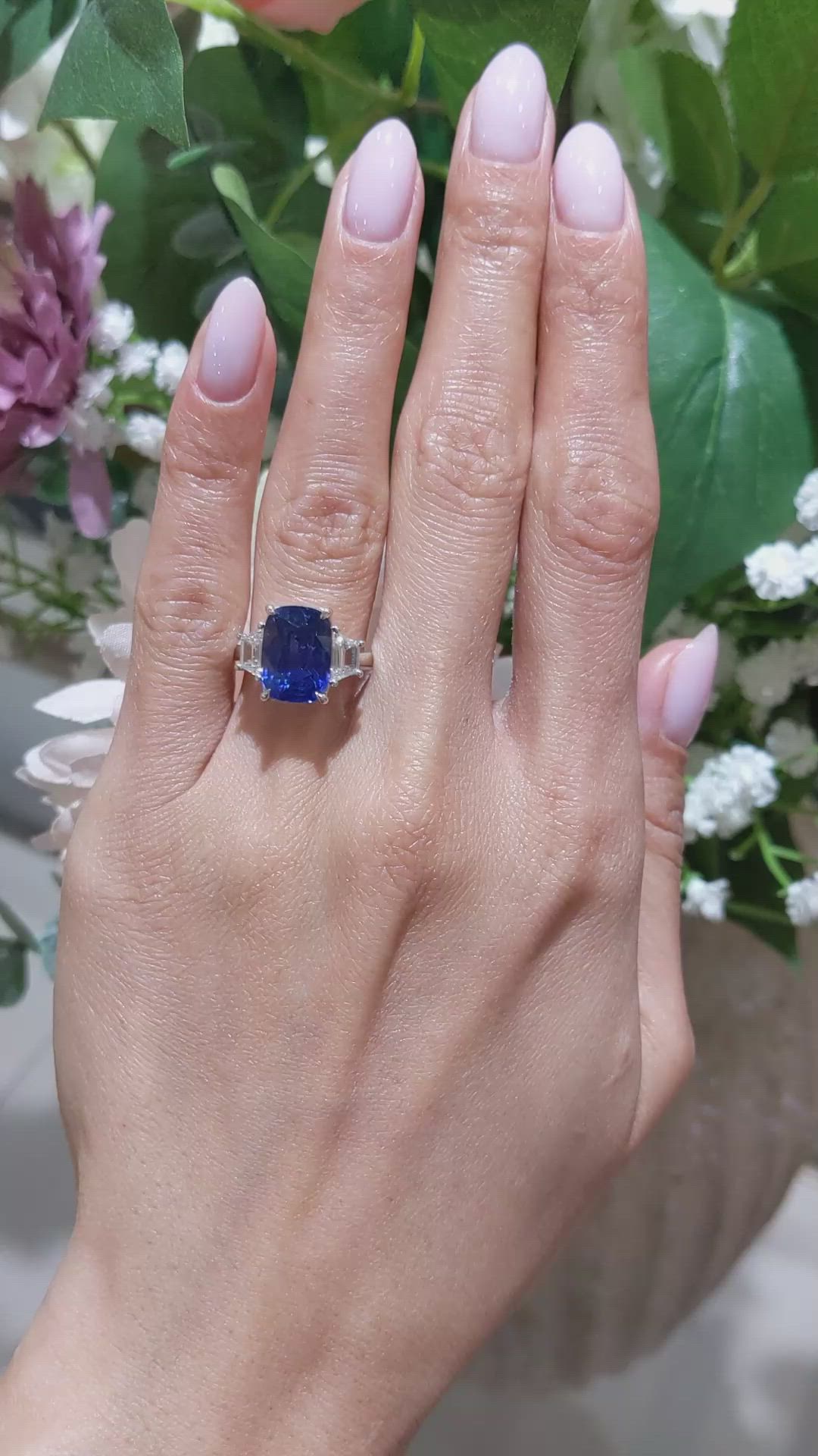 6.72 Ct. Blue Sapphire and Natural Diamond Three Stone Ring, 18K White Gold Size Video