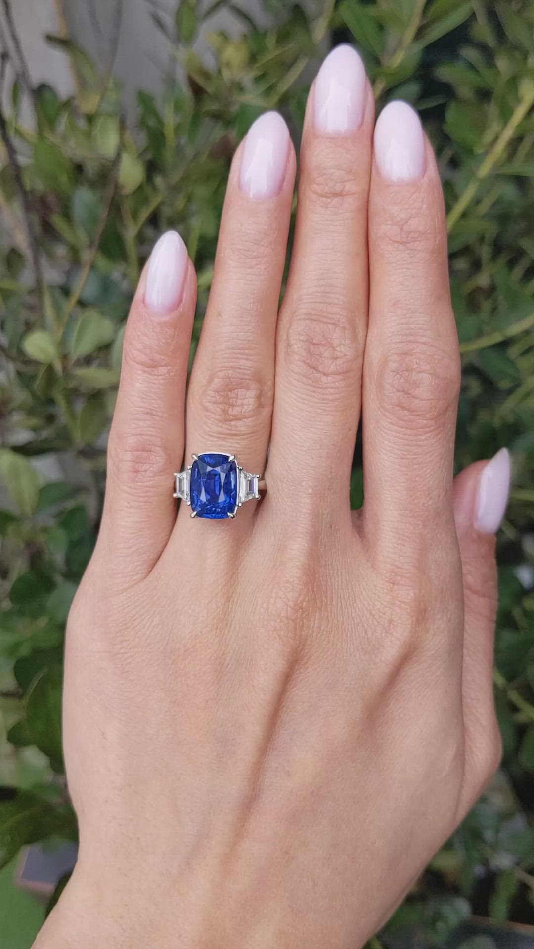 6.72 Ct. Blue Sapphire and Natural Diamond Three Stone Ring, 18K White Gold Size Video