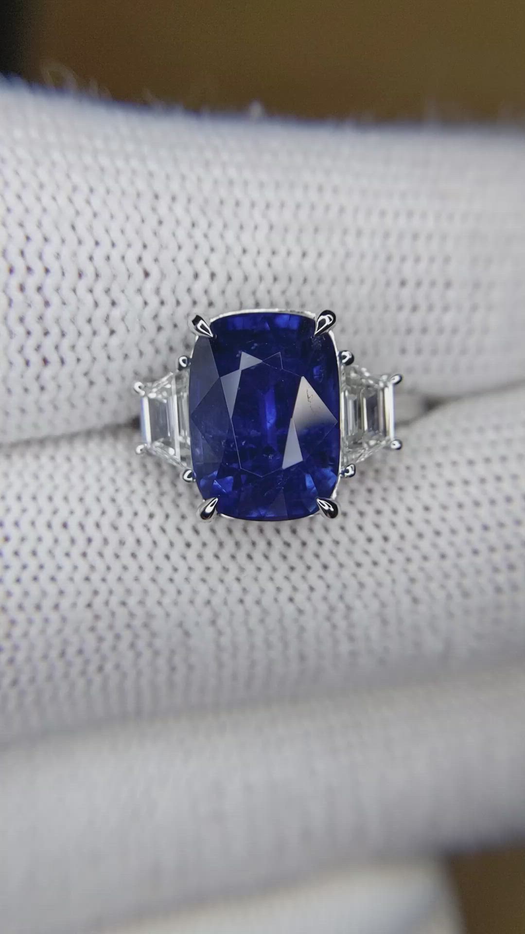 6.72 Ct. Blue Sapphire and Natural Diamond Three Stone Ring, 18K White Gold Size Video
