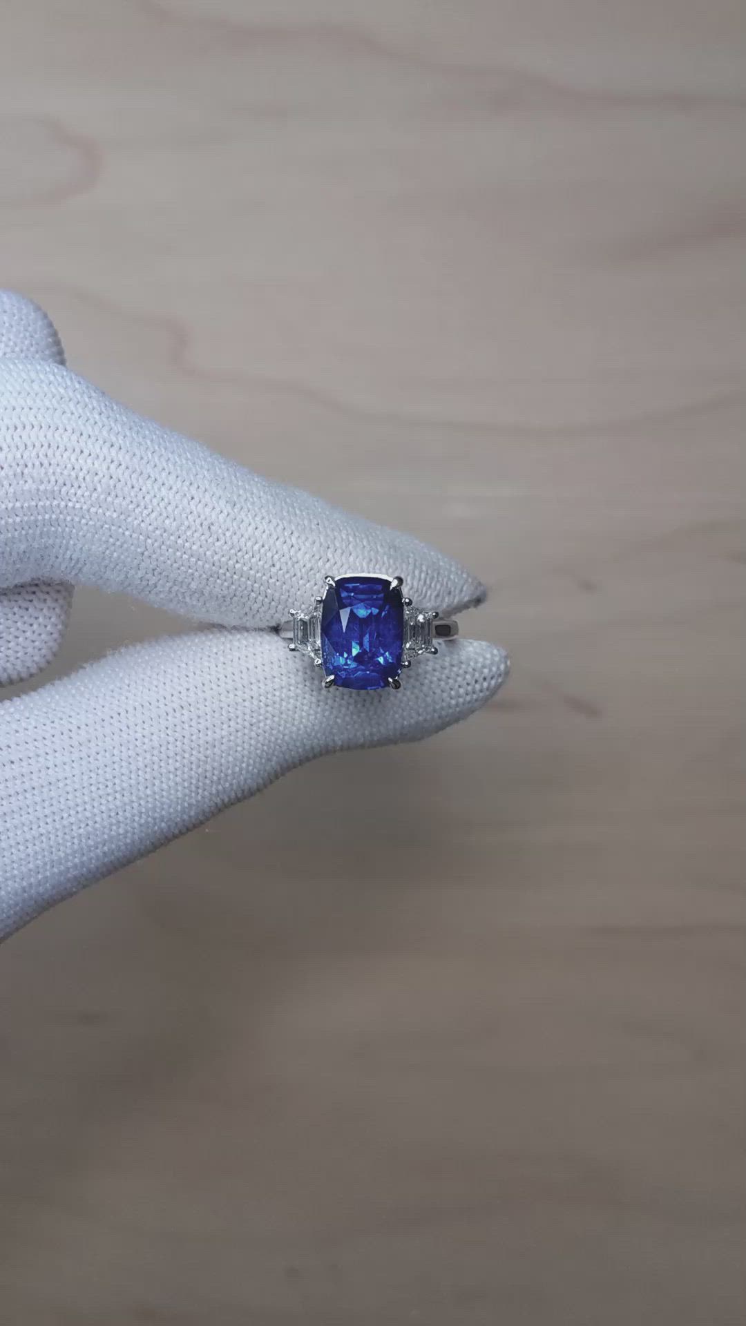 6.72 Ct. Blue Sapphire and Natural Diamond Three Stone Ring, 18K White Gold Size Video