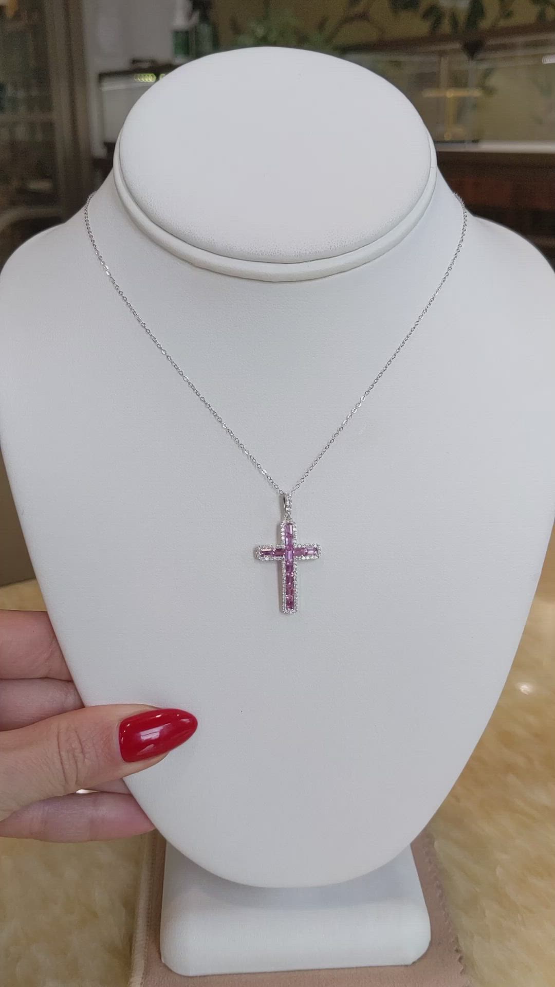 1.16 Ct. Pink Sapphire and Natural Diamond Pave Pendant, 14K White Gold Size Video