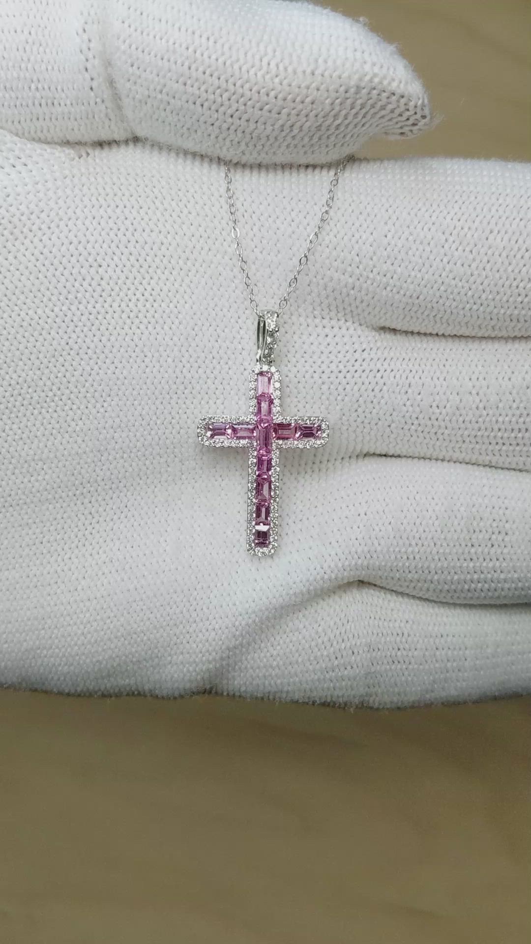 1.16 Ct. Pink Sapphire and Natural Diamond Pave Pendant, 14K White Gold Size Video