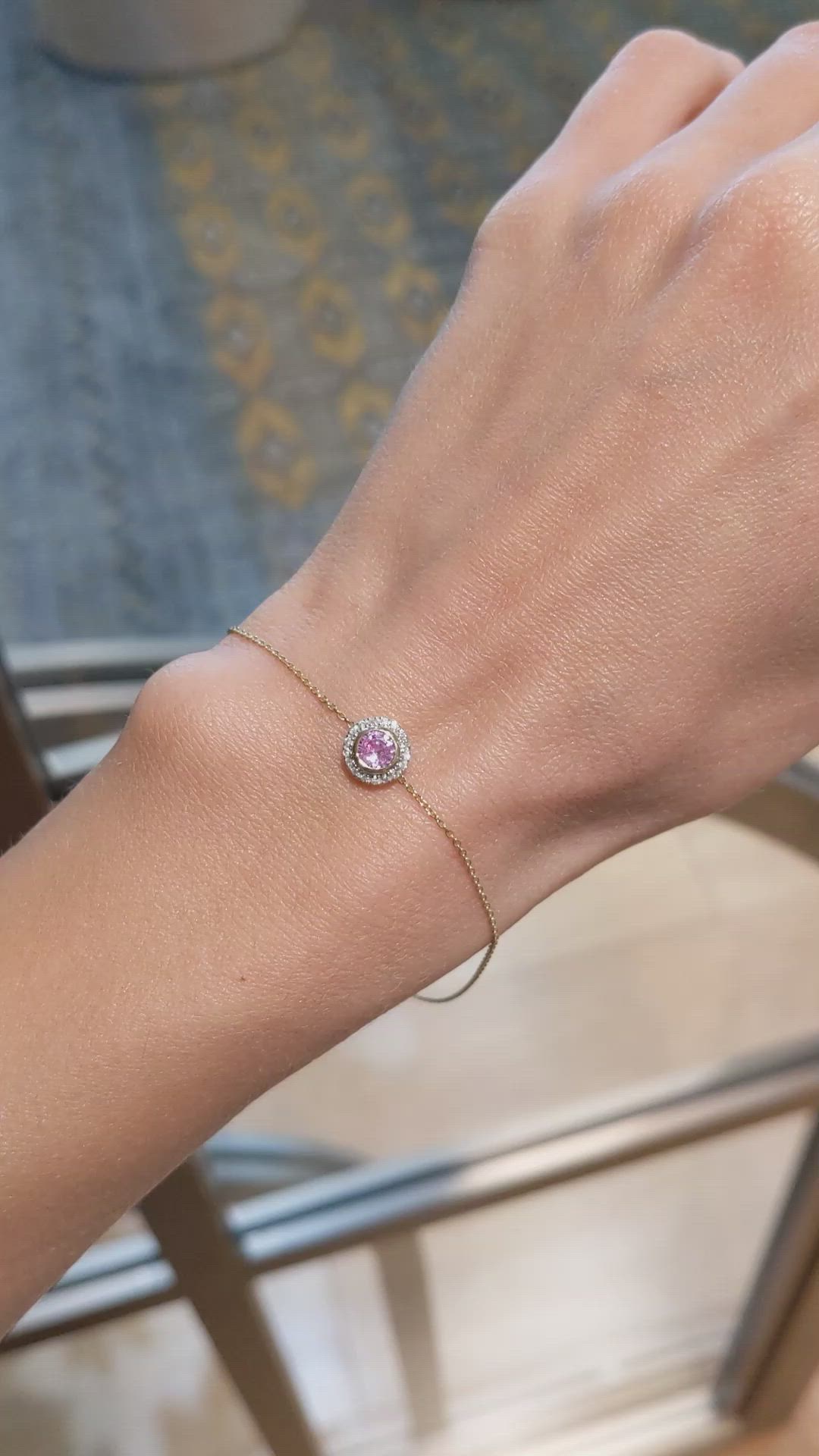 0.45 Ct.Tw.Total Carat Weight Pink Sapphire and Natural Diamond Halo Bracelet, 18K Yellow Gold Size Video