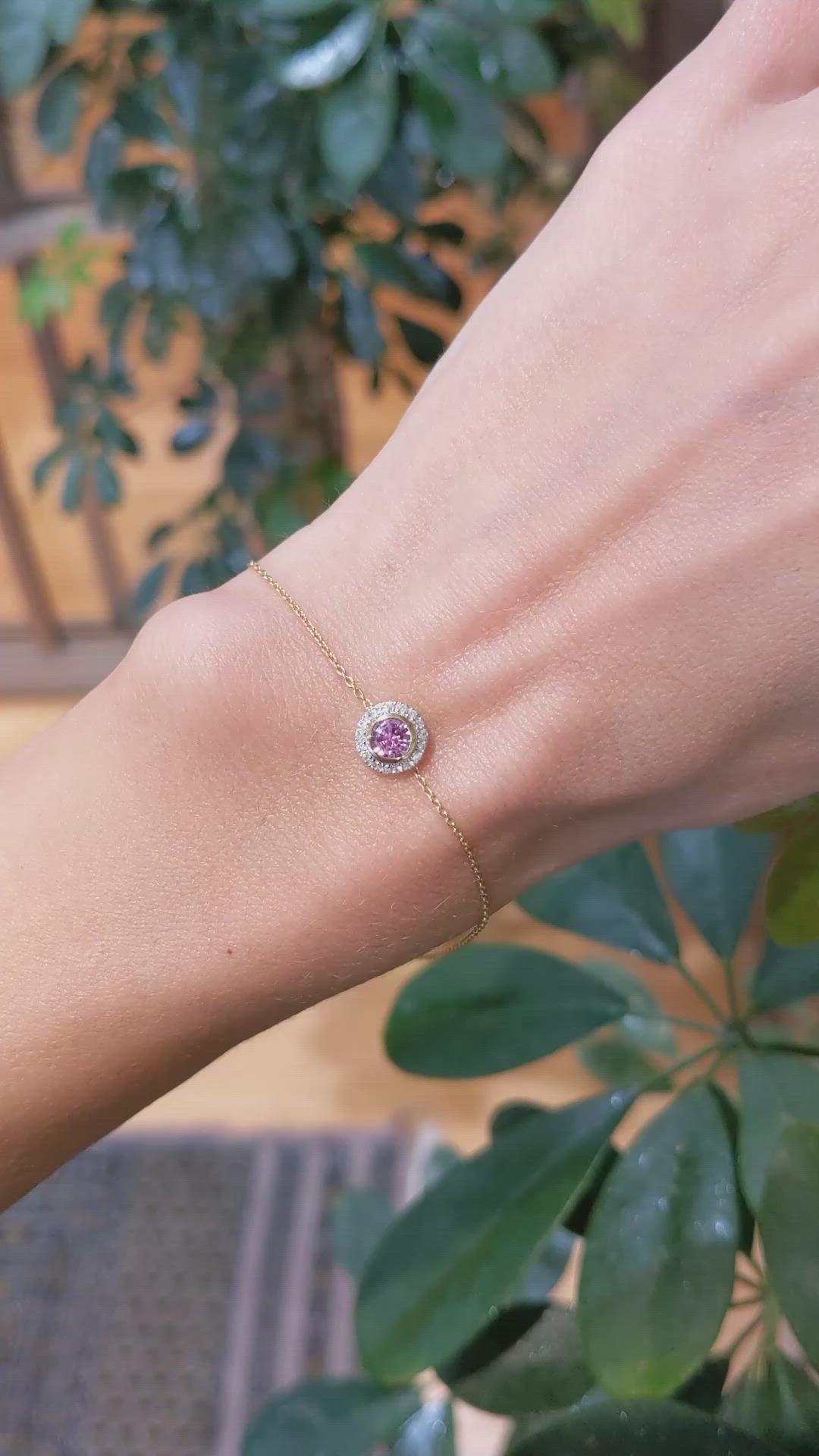 0.45 Ct.Tw.Total Carat Weight Pink Sapphire and Natural Diamond Halo Bracelet, 18K Yellow Gold Size Video