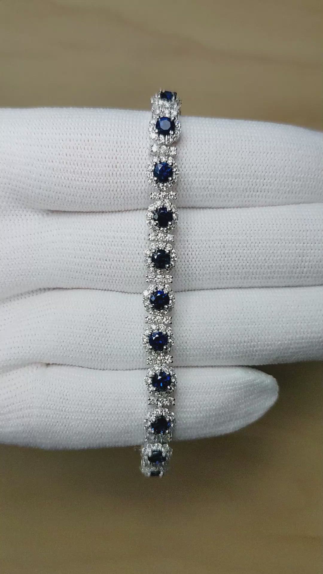 6.93&nbsp;Ct.Tw.Total Carat Weight Blue Sapphire and Yellow Natural Diamond Pave Bracelet, 14K White Gold Size Video