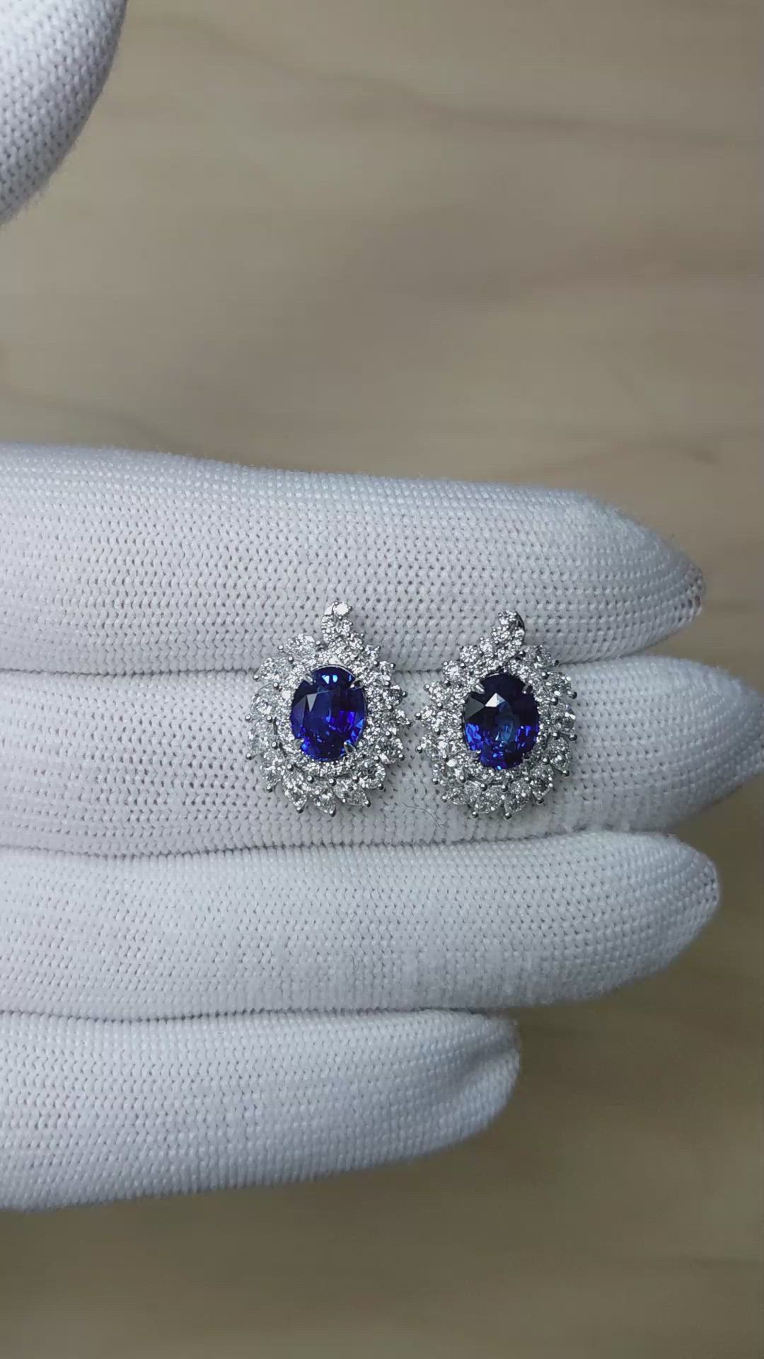 4.09 Ct.Tw.Total Carat Weight Blue Sapphire and Yellow Natural Diamond Studs Earrings, 14K White Gold Size Video