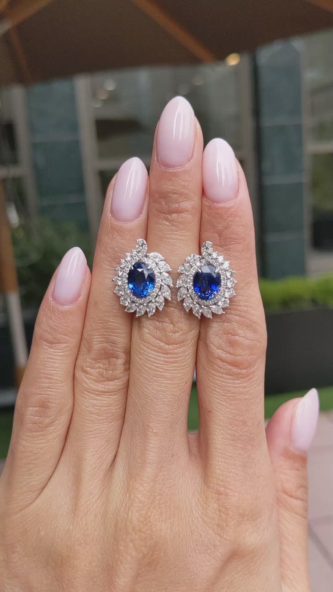 4.09 Ct.Tw.Total Carat Weight Blue Sapphire and Yellow Natural Diamond Studs Earrings, 14K White Gold Size Video