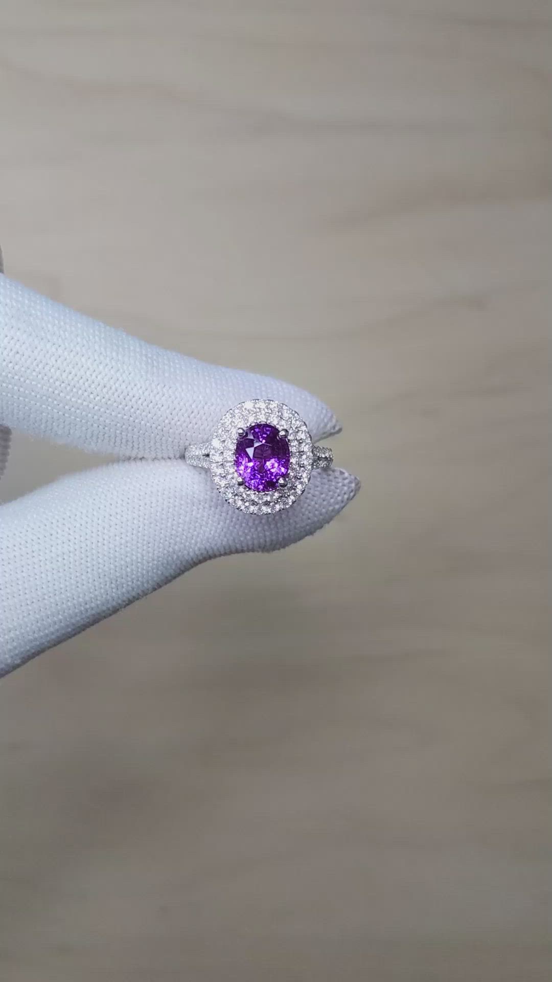 2.57 Ct. Purple Sapphire and Natural Diamond Pave Ring, 18K White Gold Size Video