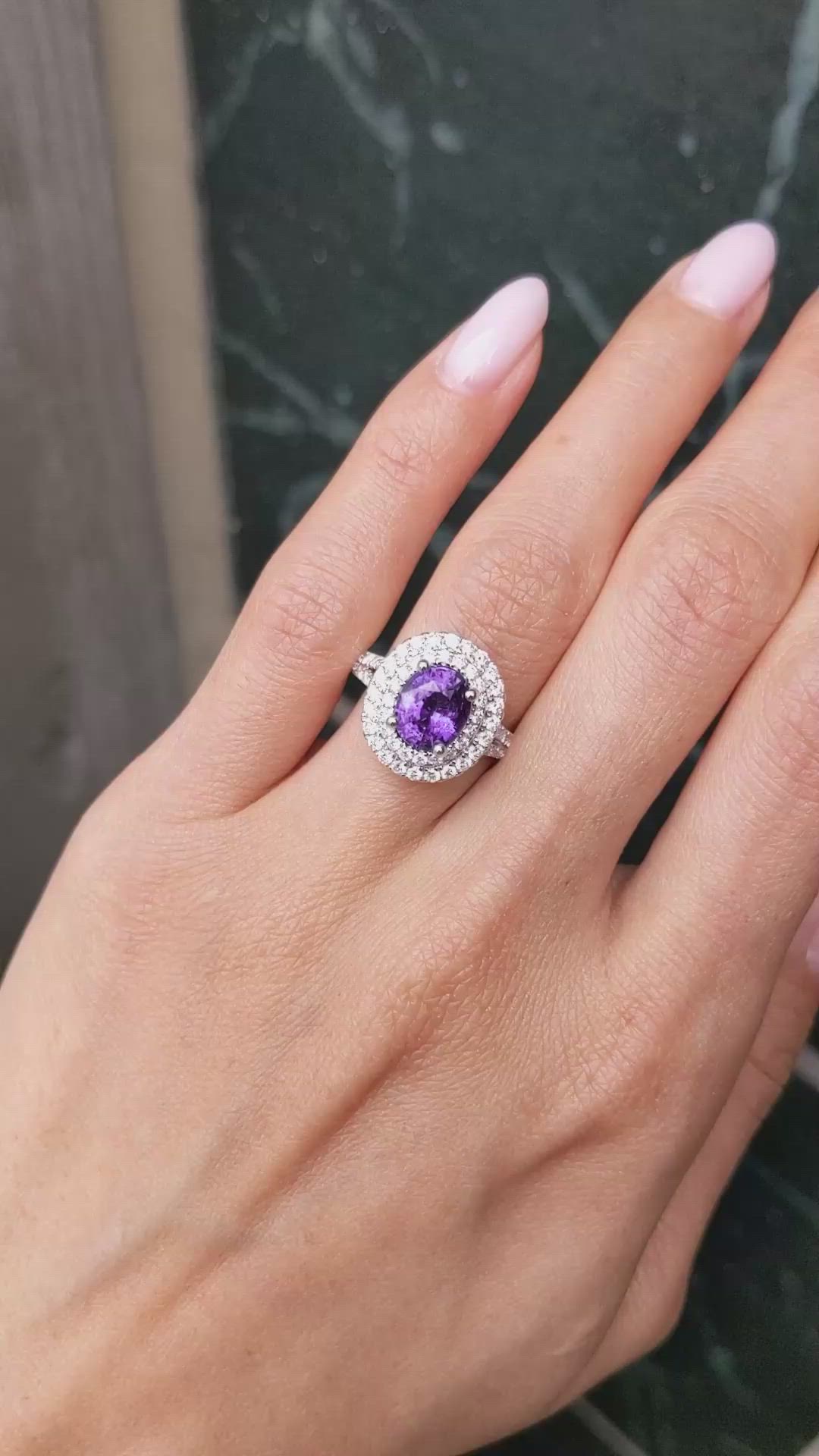 2.57 Ct. Purple Sapphire and Natural Diamond Pave Ring, 18K White Gold Size Video