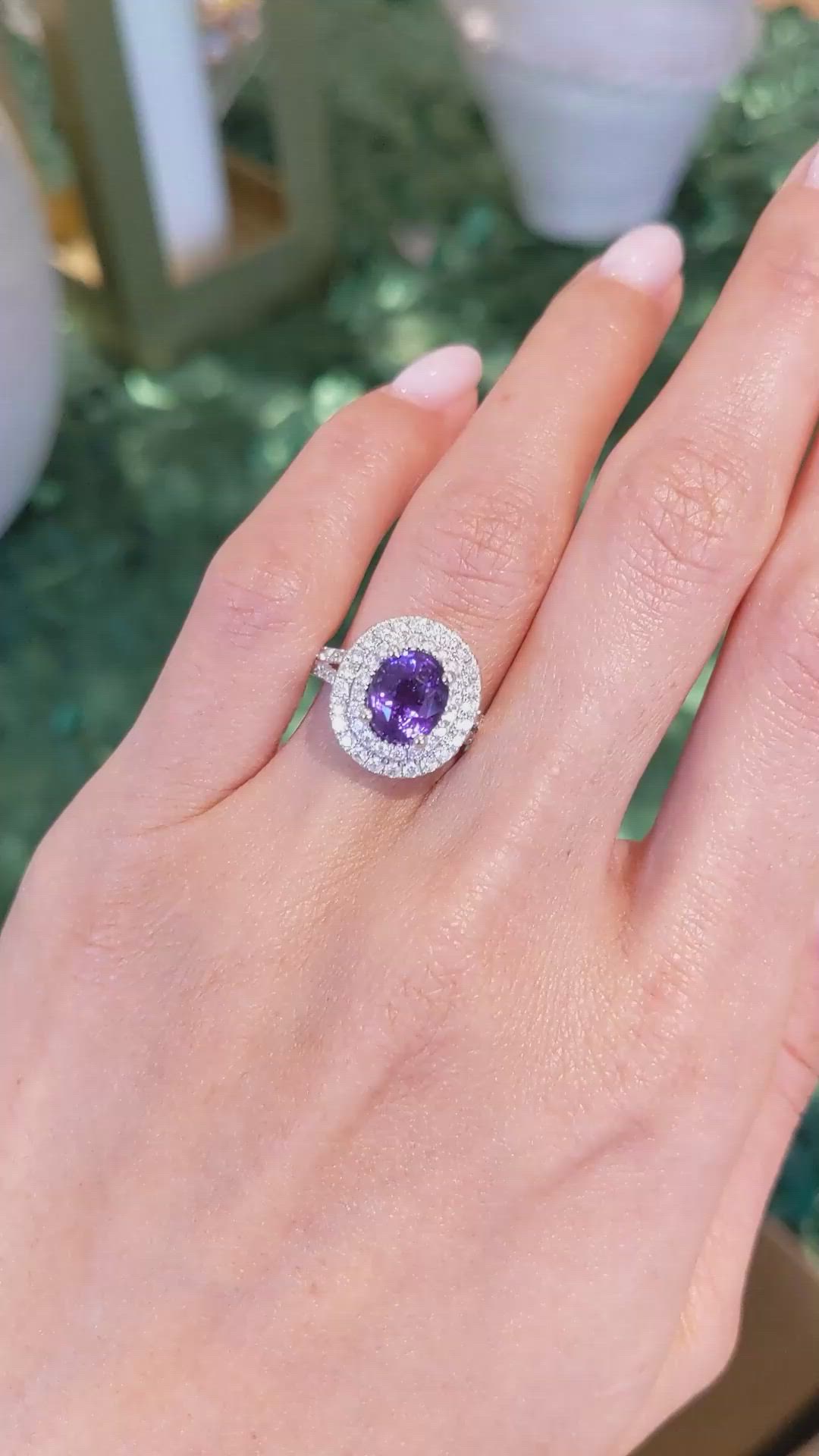 2.57 Ct. Purple Sapphire and Natural Diamond Pave Ring, 18K White Gold Size Video