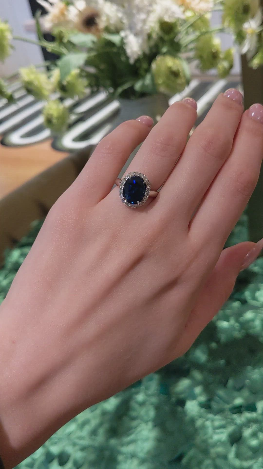 6.06 Ct. Blue Sapphire and Natural Diamond Pave Ring, Platinum 950 Size Video