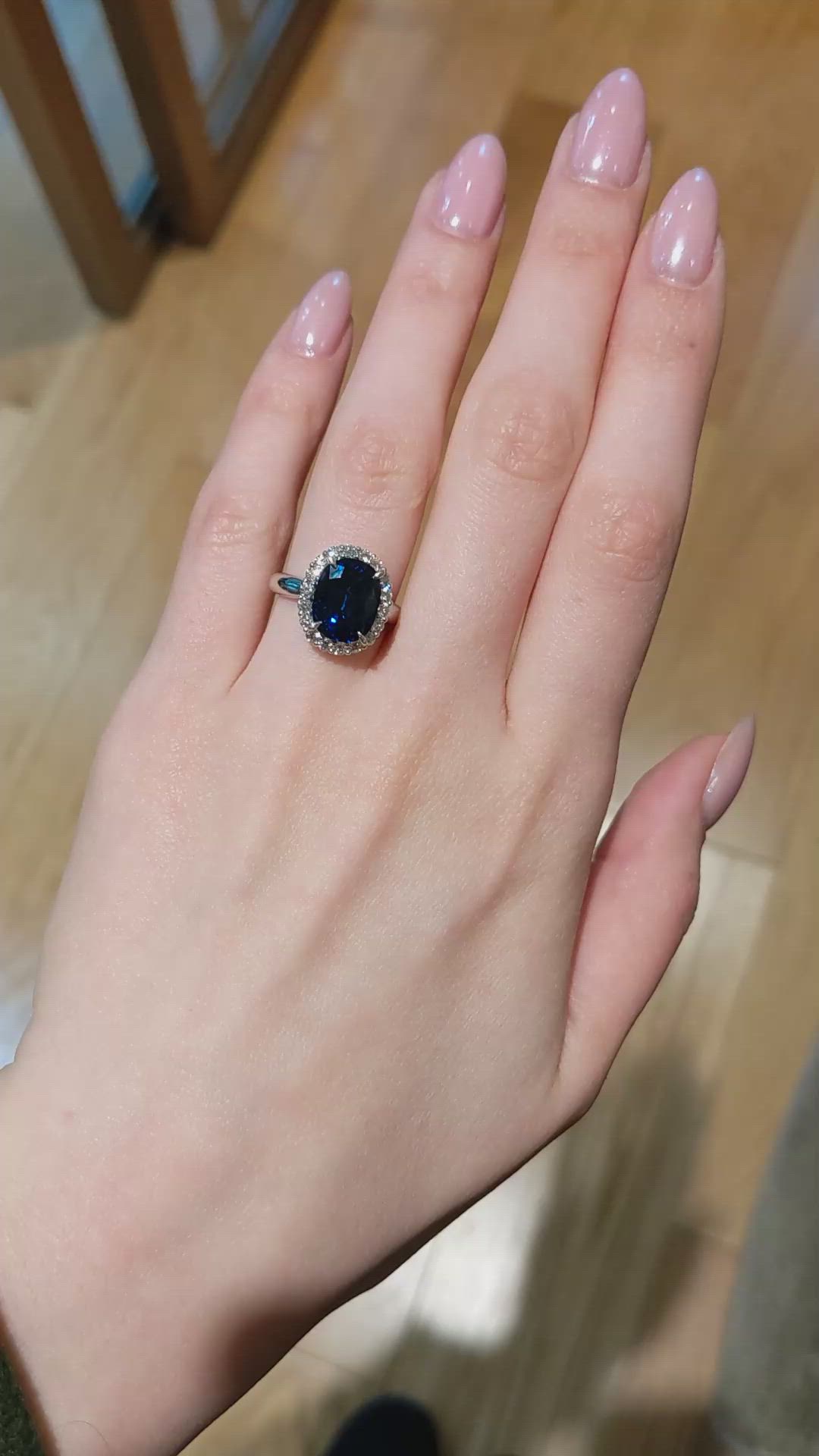 6.06 Ct. Blue Sapphire and Natural Diamond Pave Ring, Platinum 950 Size Video