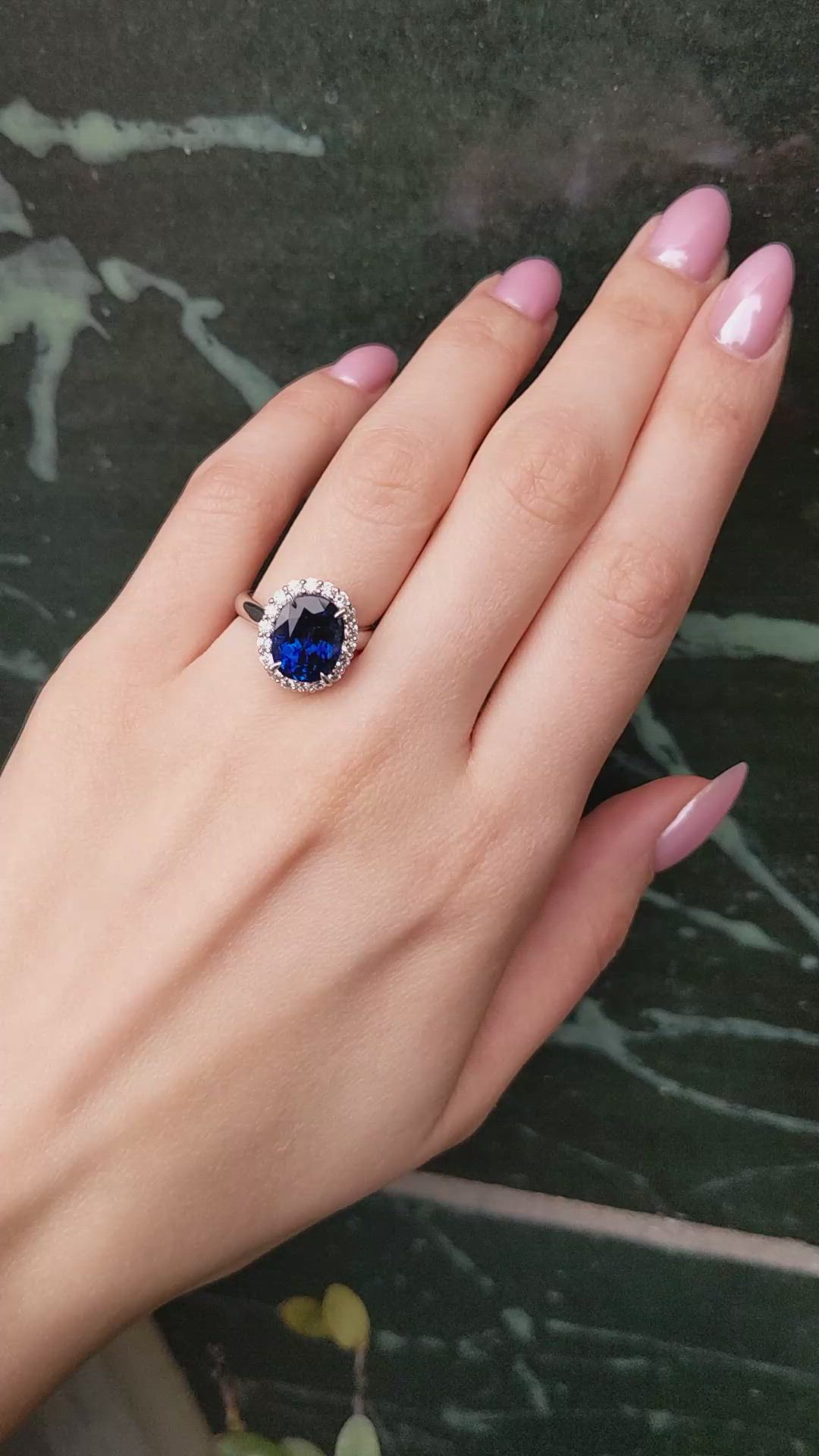 6.06 Ct. Blue Sapphire and Natural Diamond Pave Ring, Platinum 950 Size Video