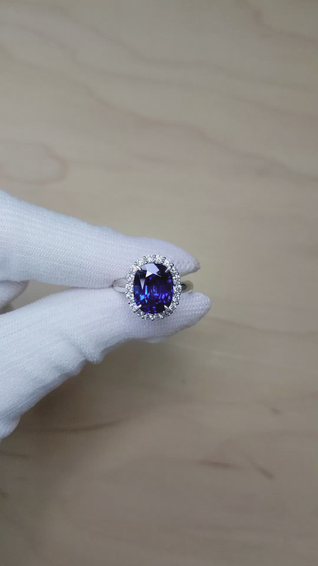 6.06 Ct. Blue Sapphire and Natural Diamond Pave Ring, Platinum 950 Size Video