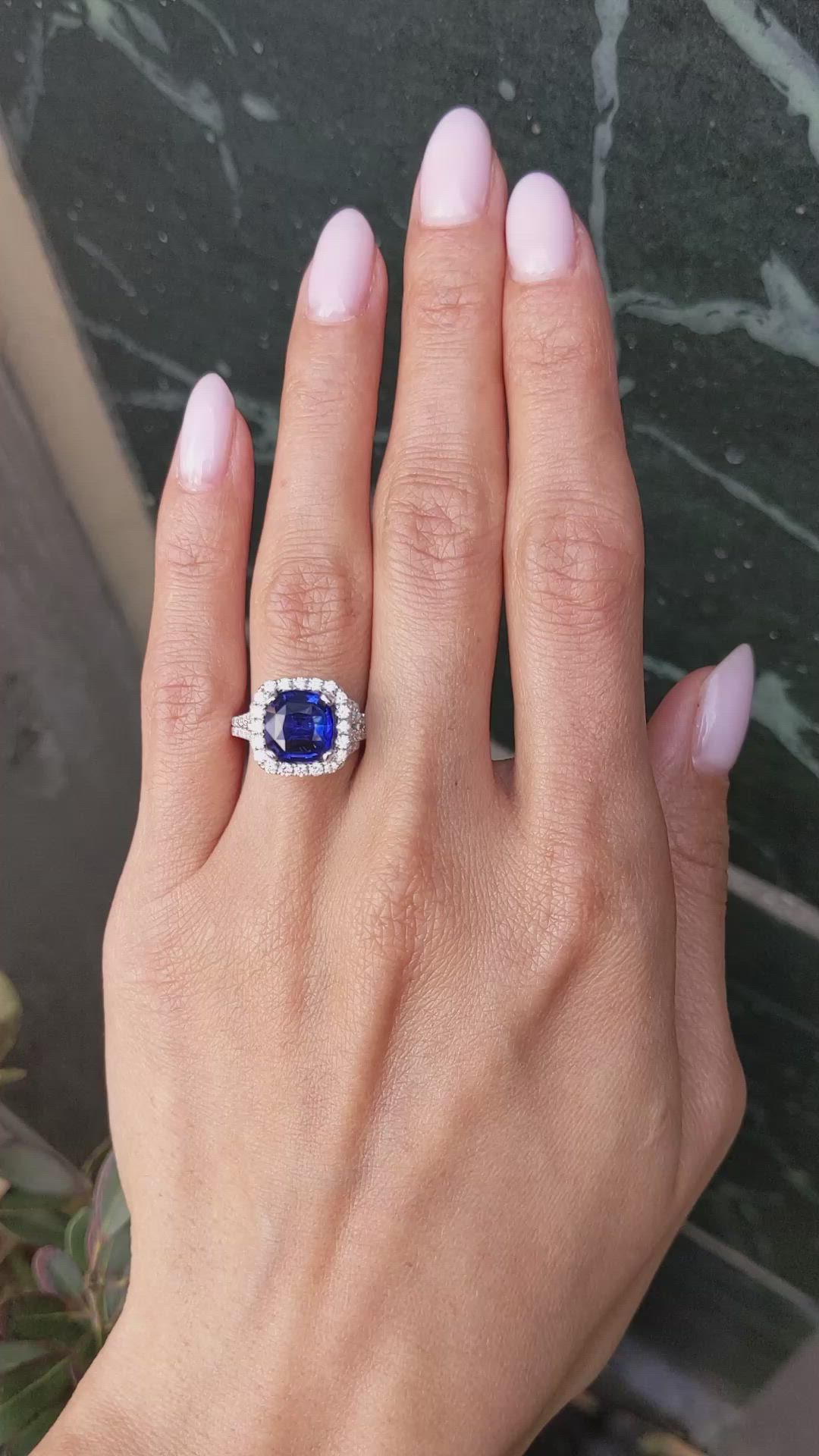 3.60 Ct. Blue Sapphire and Natural Diamond Pave Ring, 18K White Gold Size Video