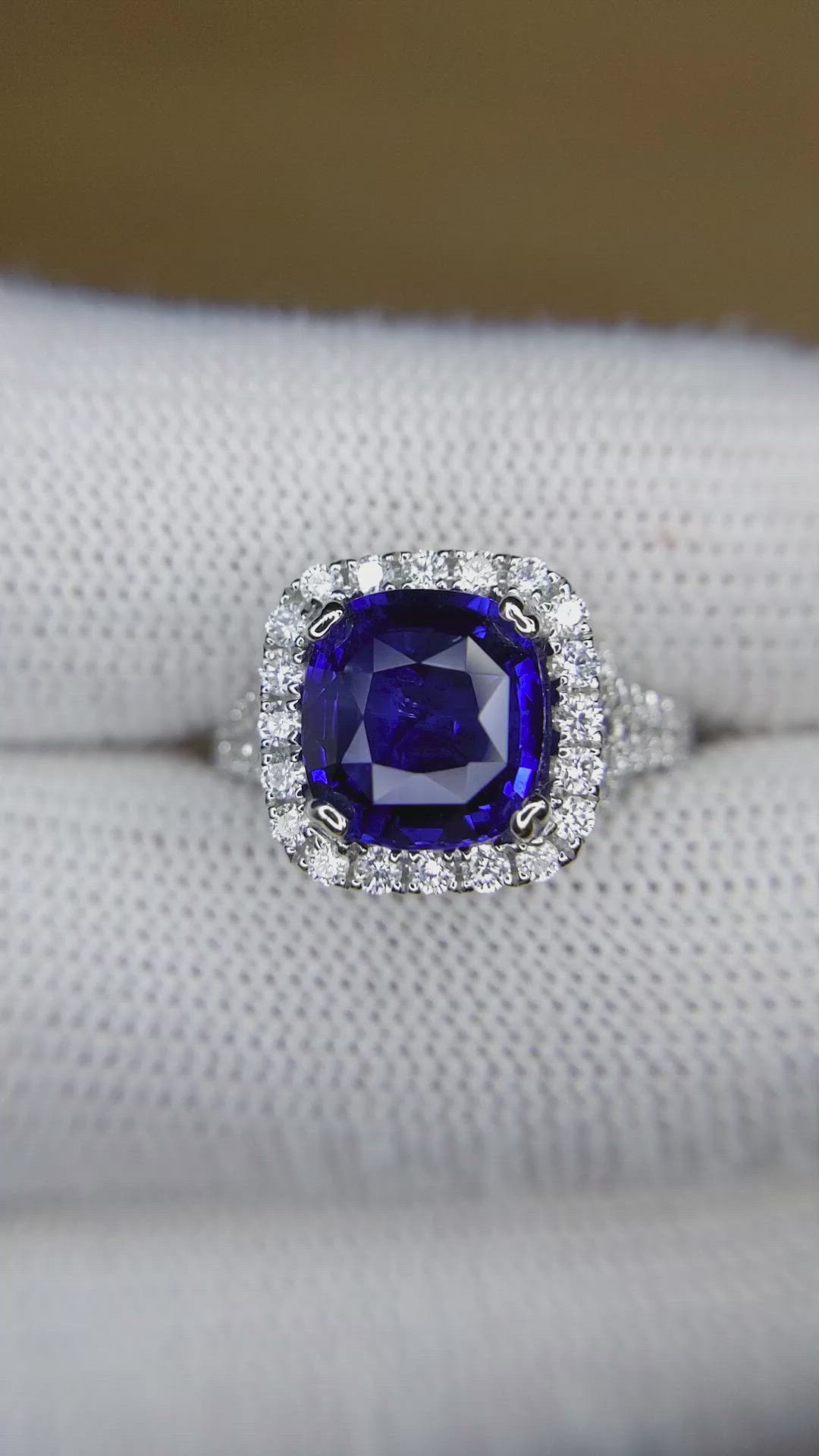 3.60 Ct. Blue Sapphire and Natural Diamond Pave Ring, 18K White Gold Size Video
