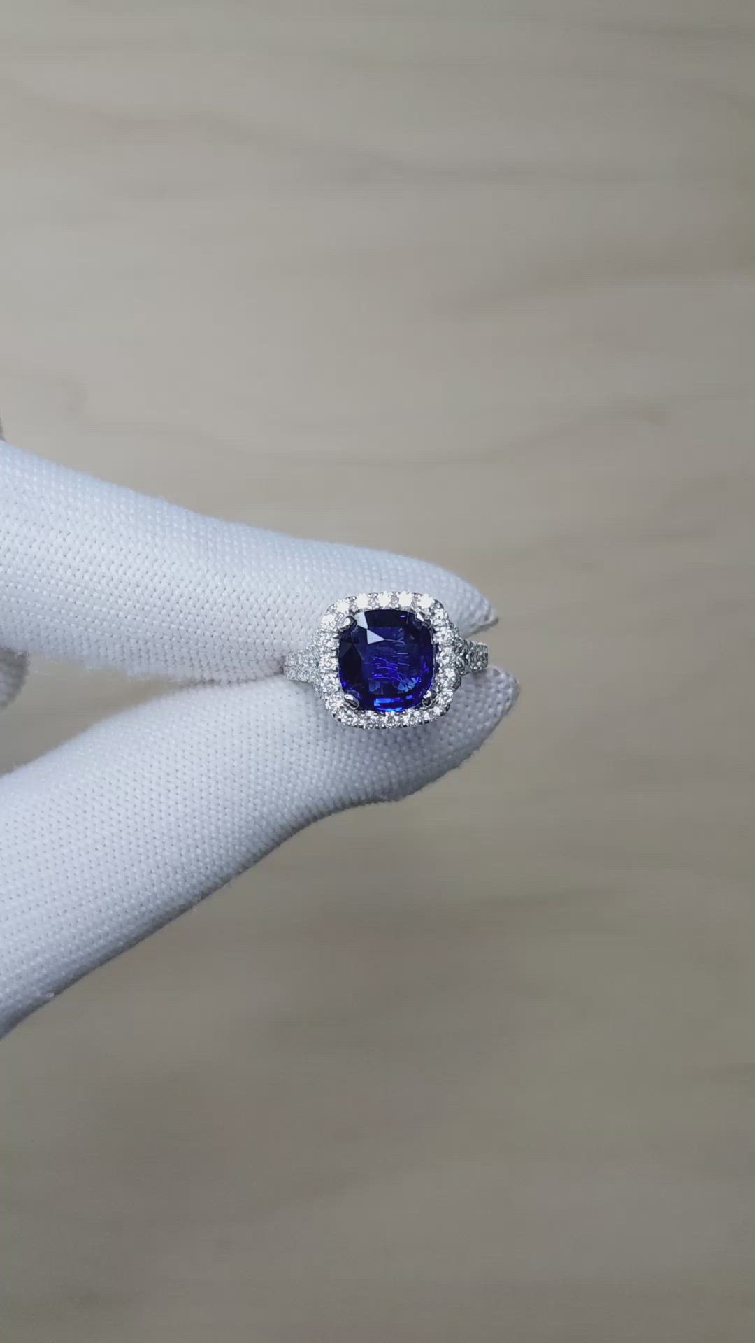 3.60 Ct. Blue Sapphire and Natural Diamond Pave Ring, 18K White Gold Size Video