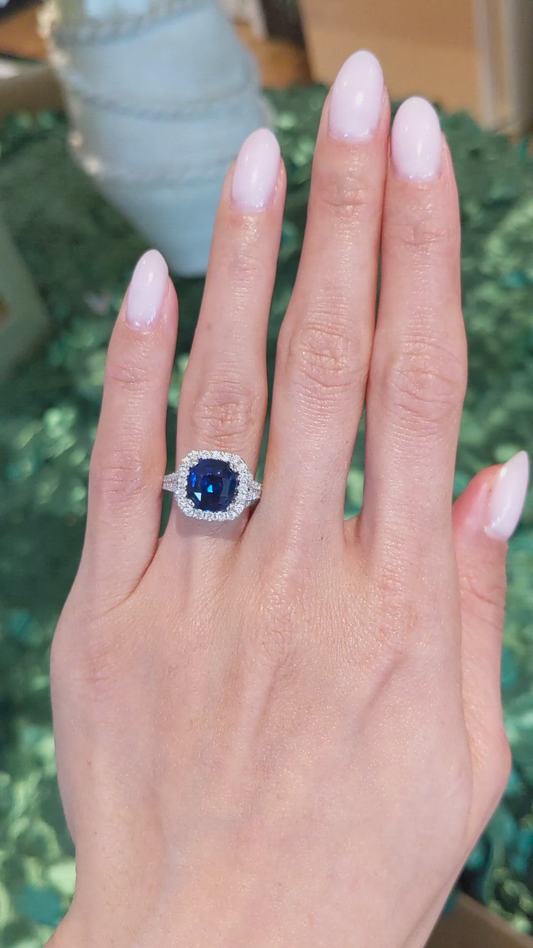 3.60 Ct. Blue Sapphire and Natural Diamond Pave Ring, 18K White Gold Size Video