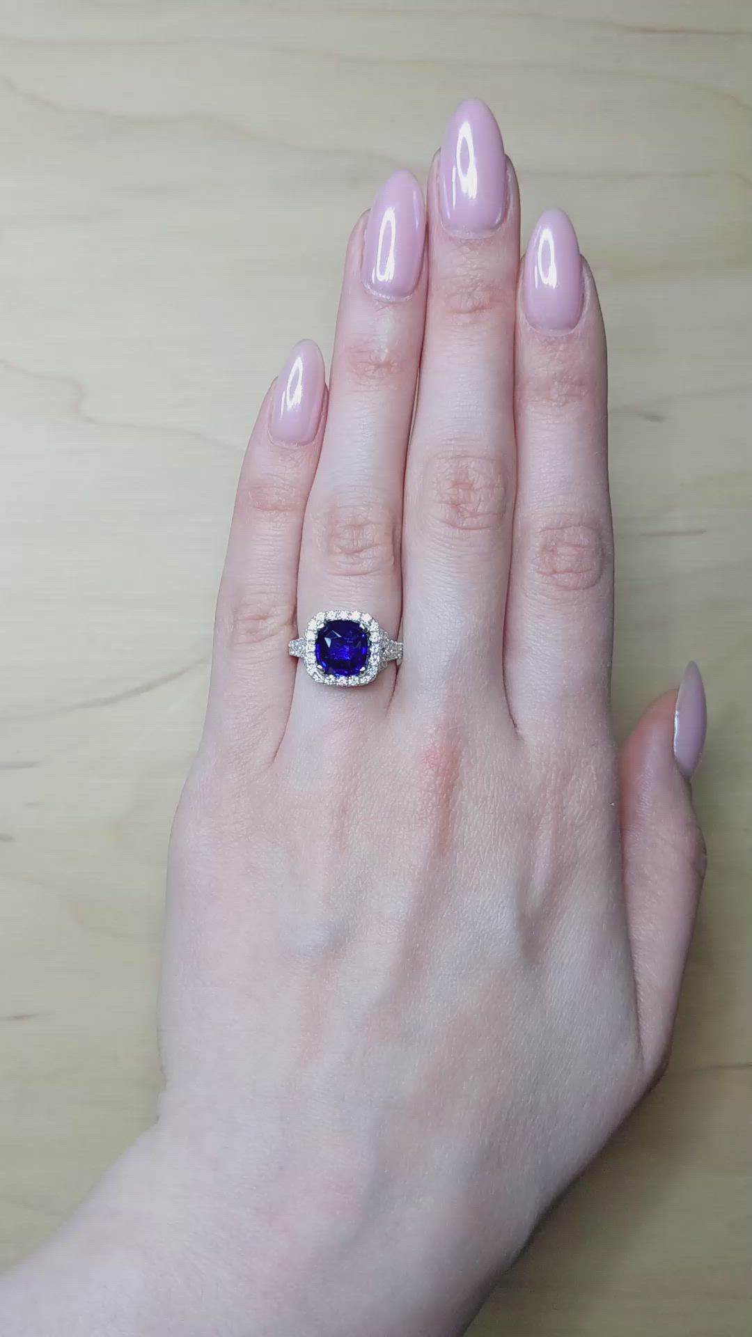 3.60 Ct. Blue Sapphire and Natural Diamond Pave Ring, 18K White Gold Size Video