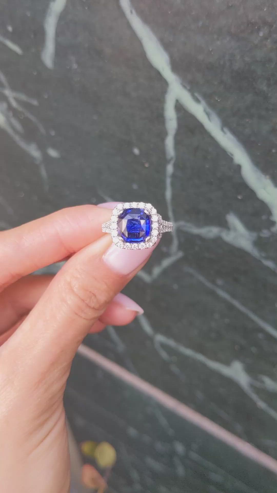 3.60 Ct. Blue Sapphire and Natural Diamond Pave Ring, 18K White Gold Size Video