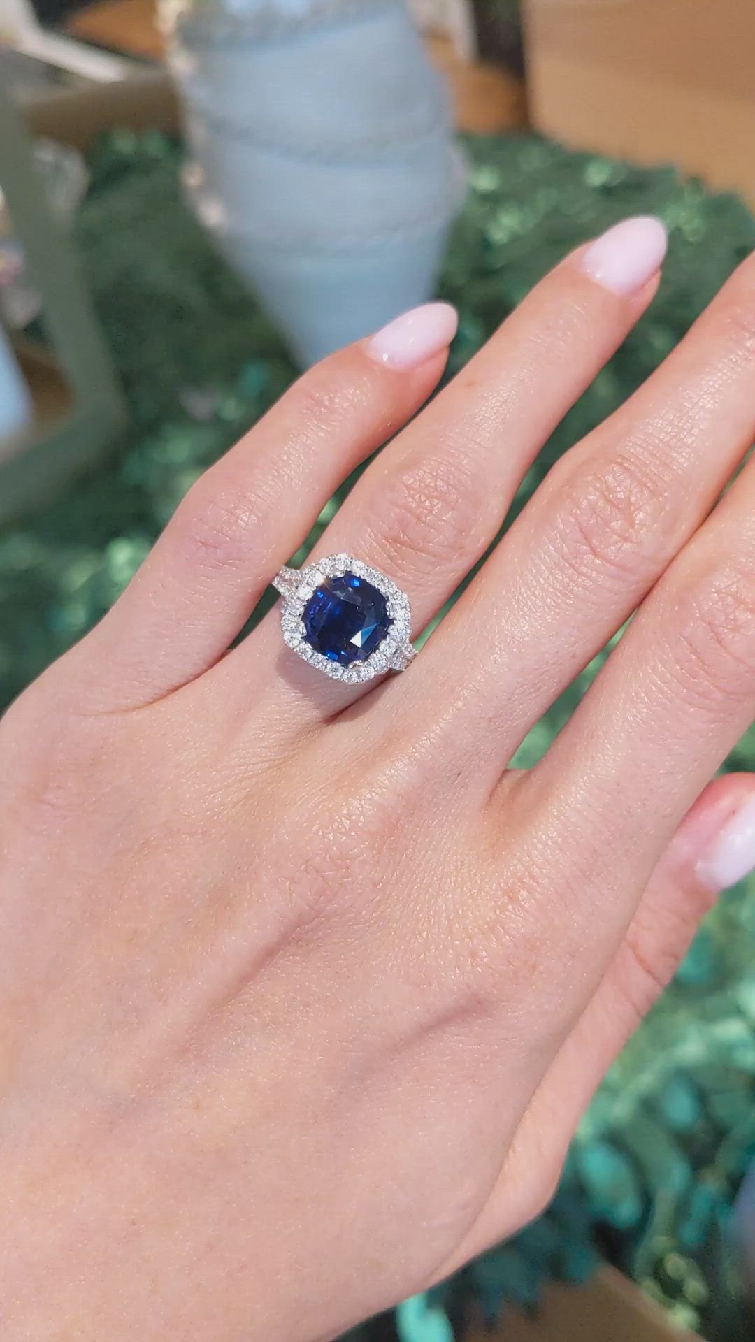 3.60 Ct. Blue Sapphire and Natural Diamond Pave Ring, 18K White Gold Size Video