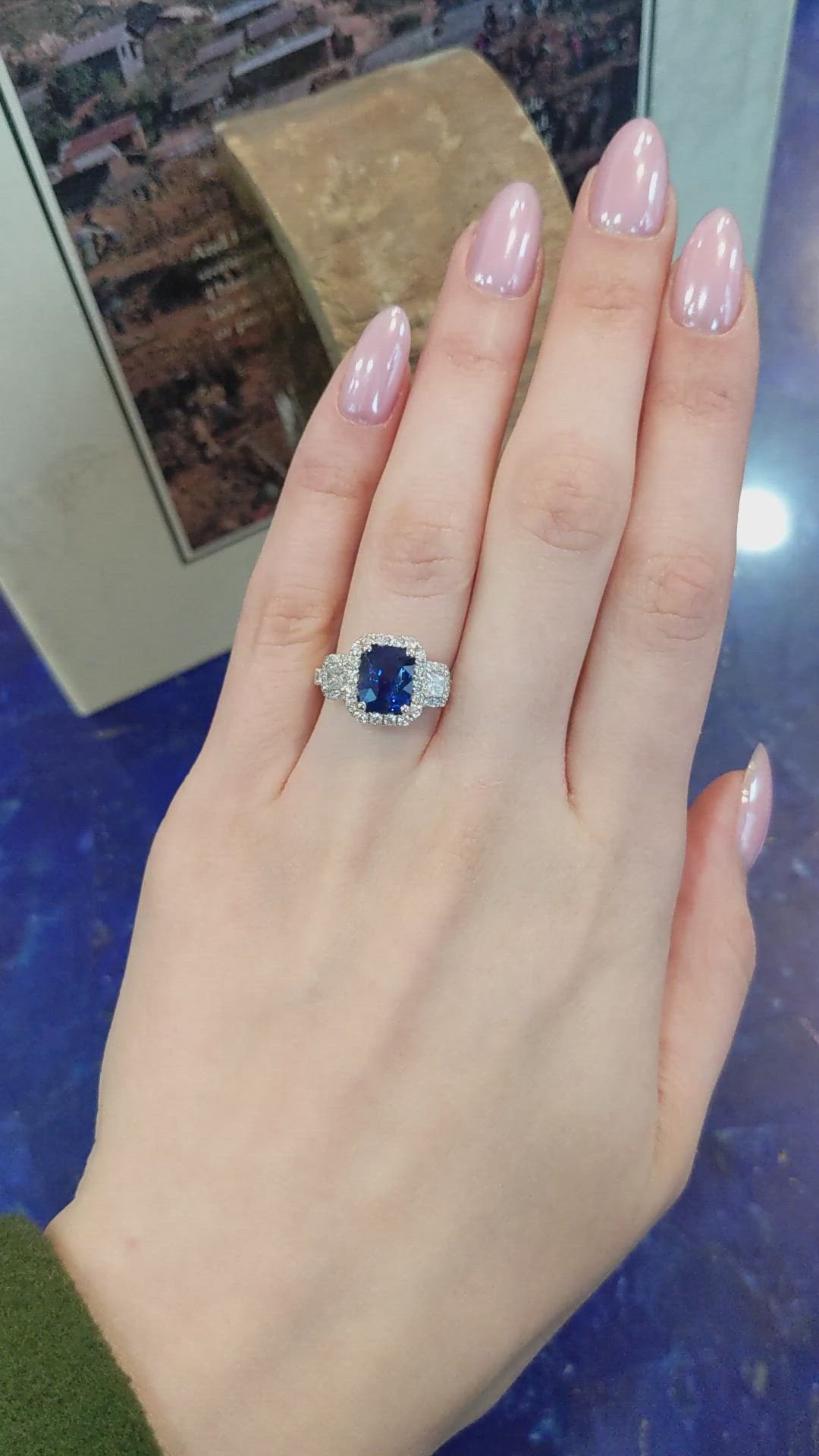 3.05 Ct. Blue Sapphire and Natural Diamond Pave Ring, 18K White Gold Size Video