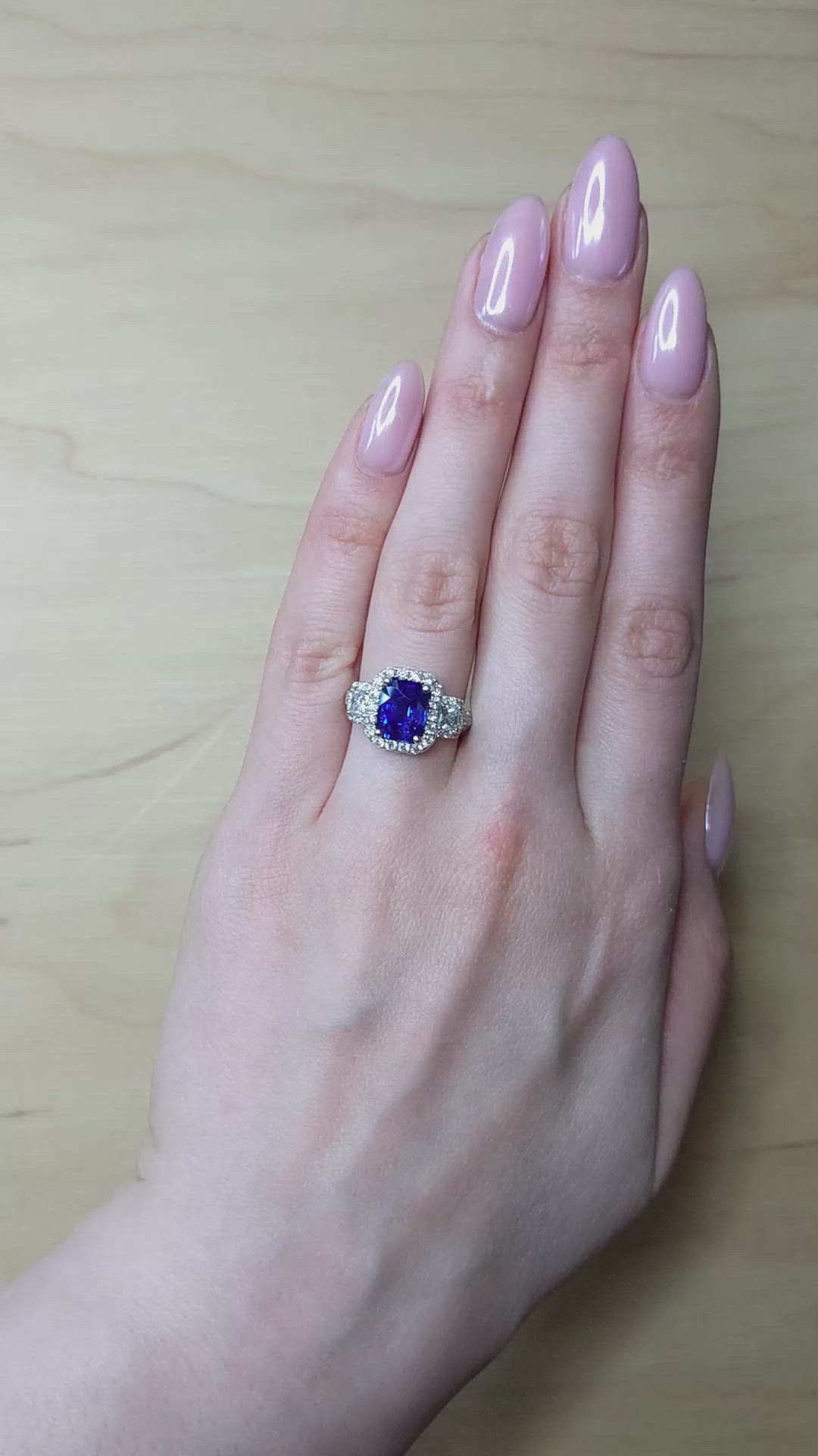 3.05 Ct. Blue Sapphire and Natural Diamond Pave Ring, 18K White Gold Size Video