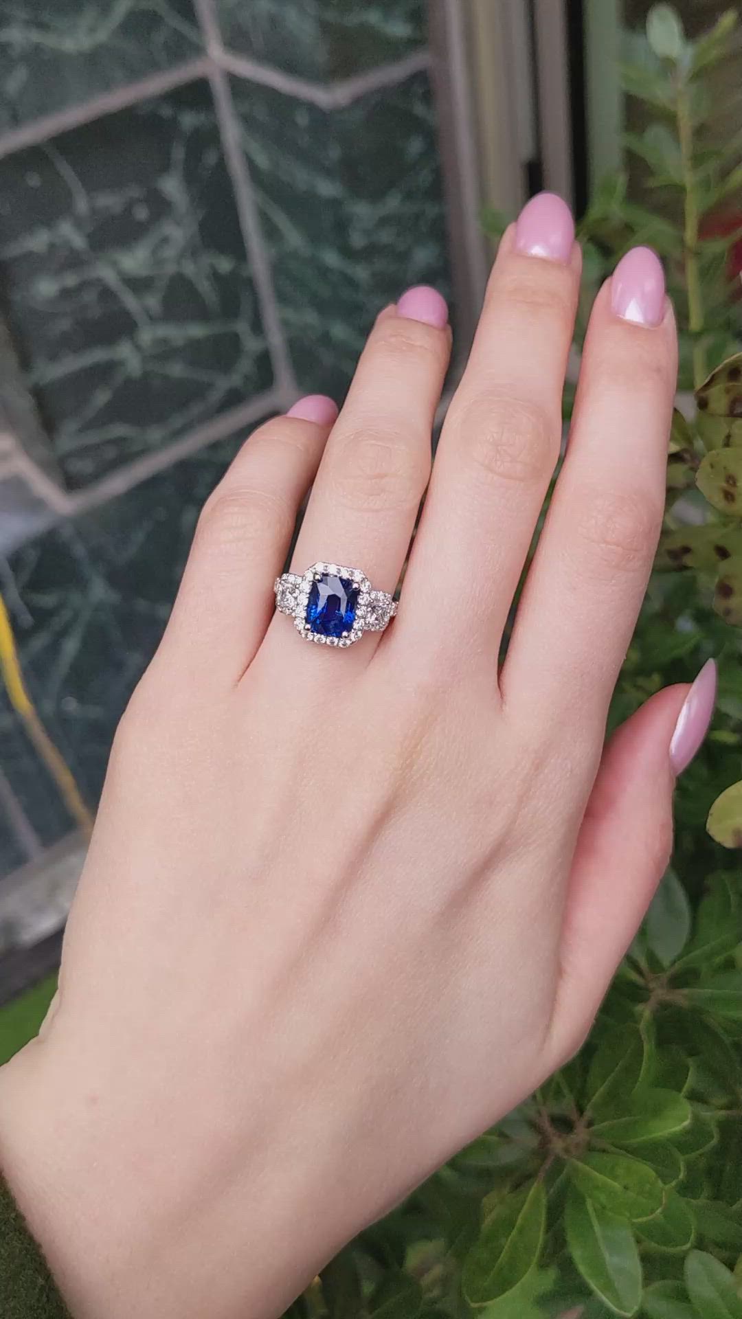 3.05 Ct. Blue Sapphire and Natural Diamond Pave Ring, 18K White Gold Size Video