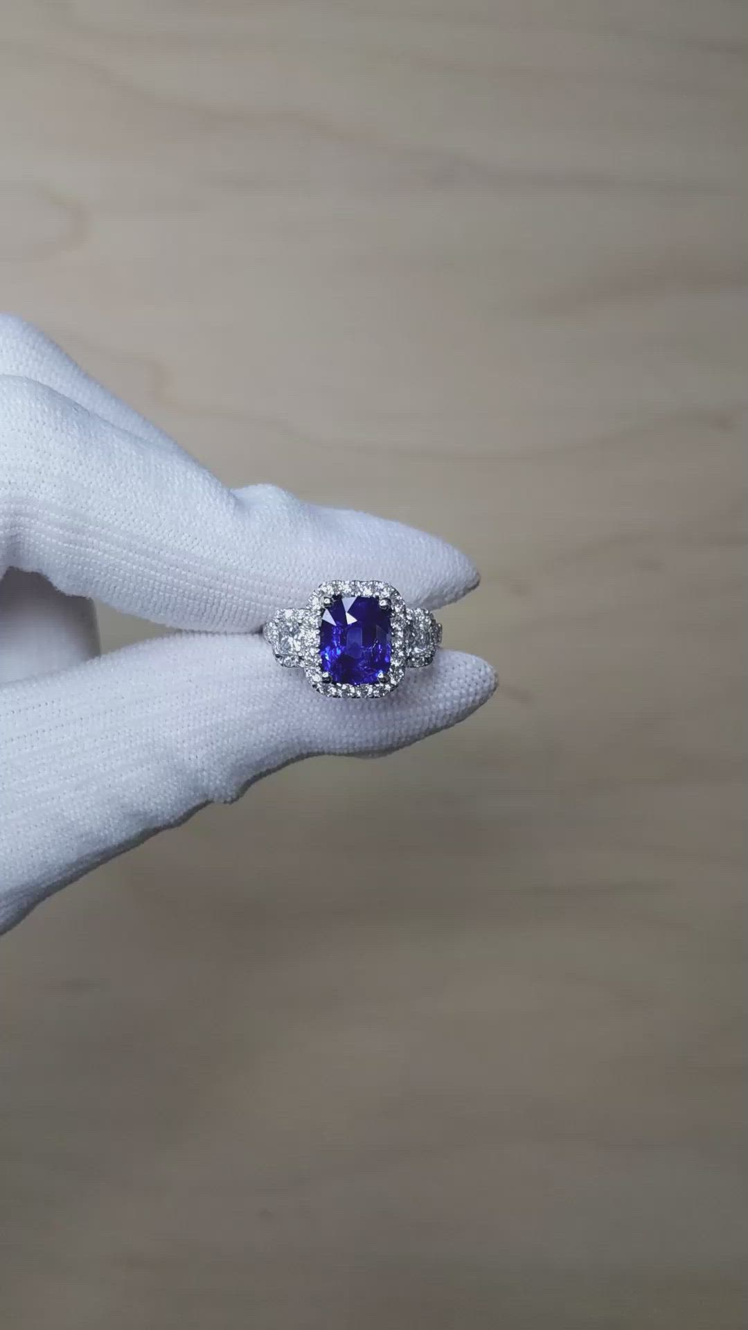 3.05 Ct. Blue Sapphire and Natural Diamond Pave Ring, 18K White Gold Size Video