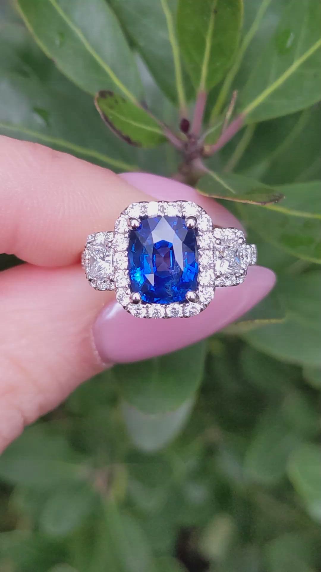 3.05 Ct. Blue Sapphire and Natural Diamond Pave Ring, 18K White Gold Size Video