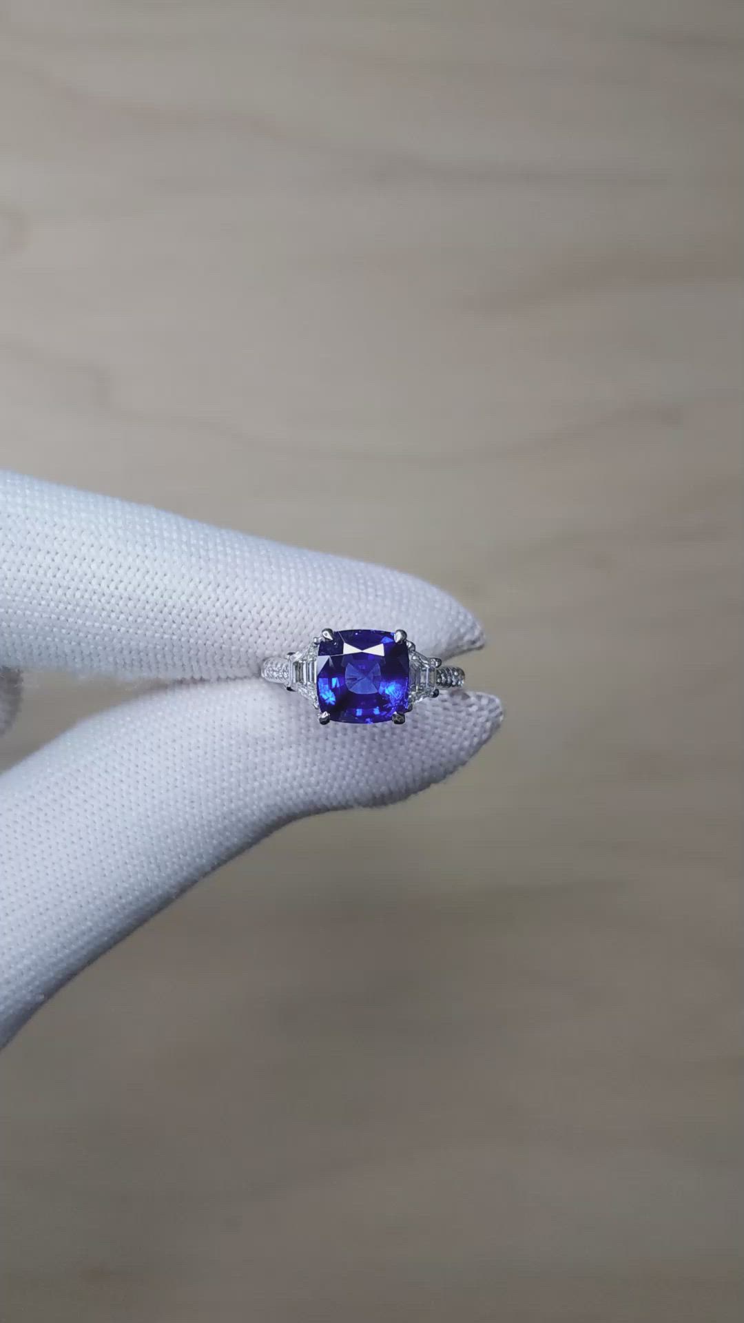 3.05 Ct. Blue Sapphire and Natural Diamond Three Stone Ring, Platinum 950 Size Video