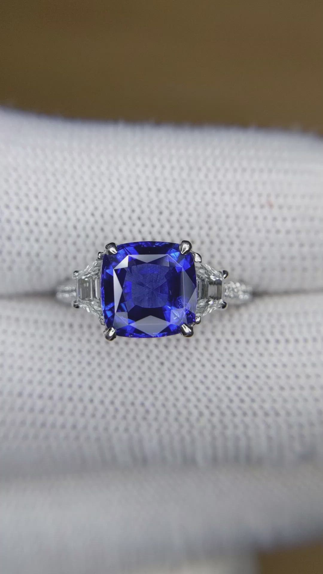 3.05 Ct. Blue Sapphire and Natural Diamond Three Stone Ring, Platinum 950 Size Video
