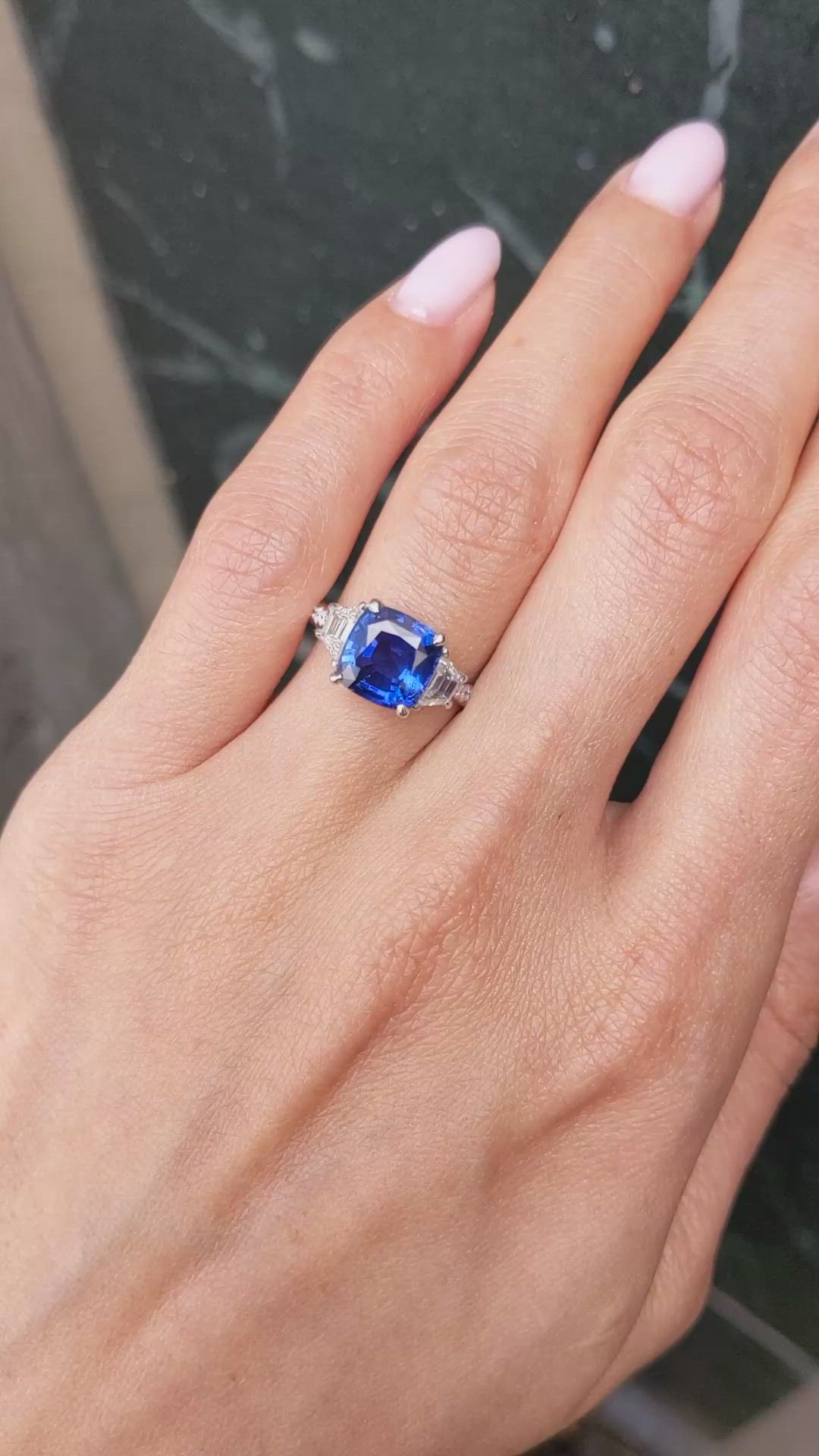 3.05 Ct. Blue Sapphire and Natural Diamond Three Stone Ring, Platinum 950 Size Video