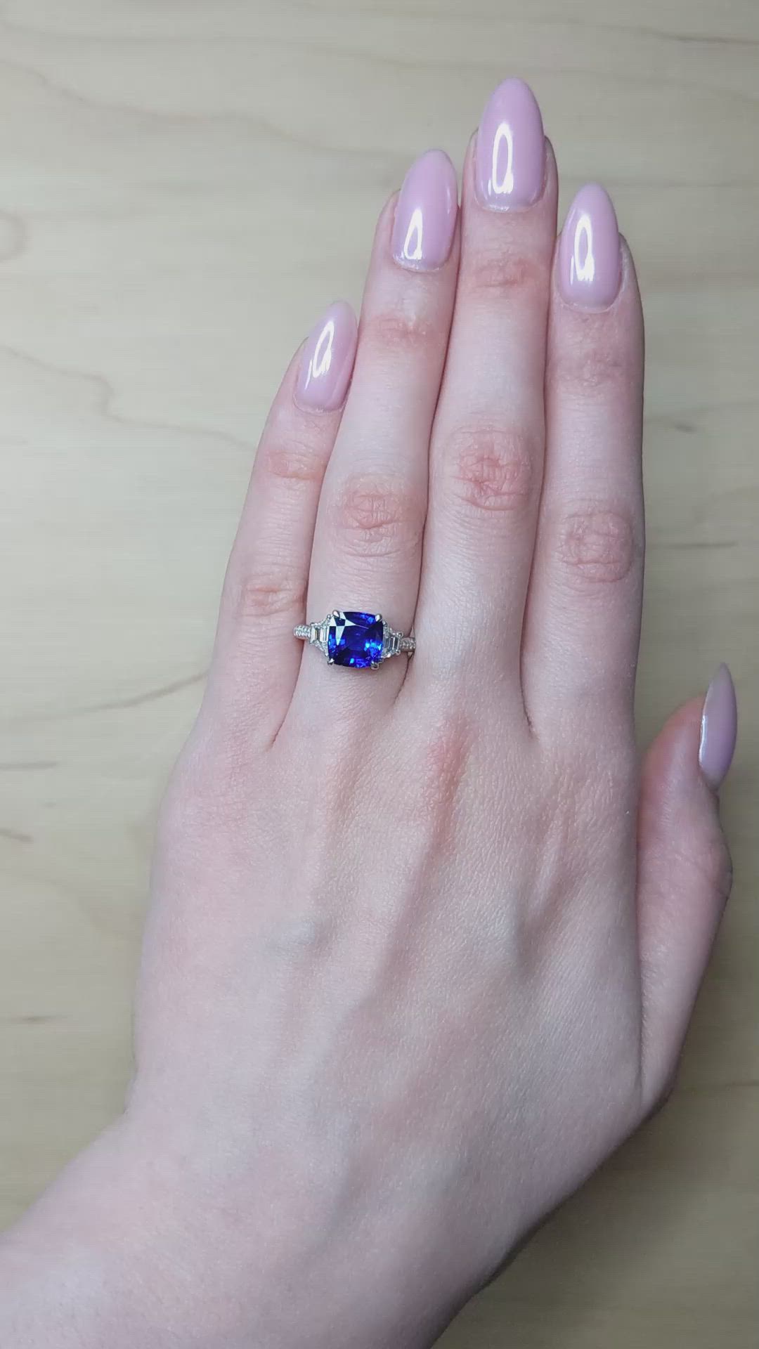 3.05 Ct. Blue Sapphire and Natural Diamond Three Stone Ring, Platinum 950 Size Video