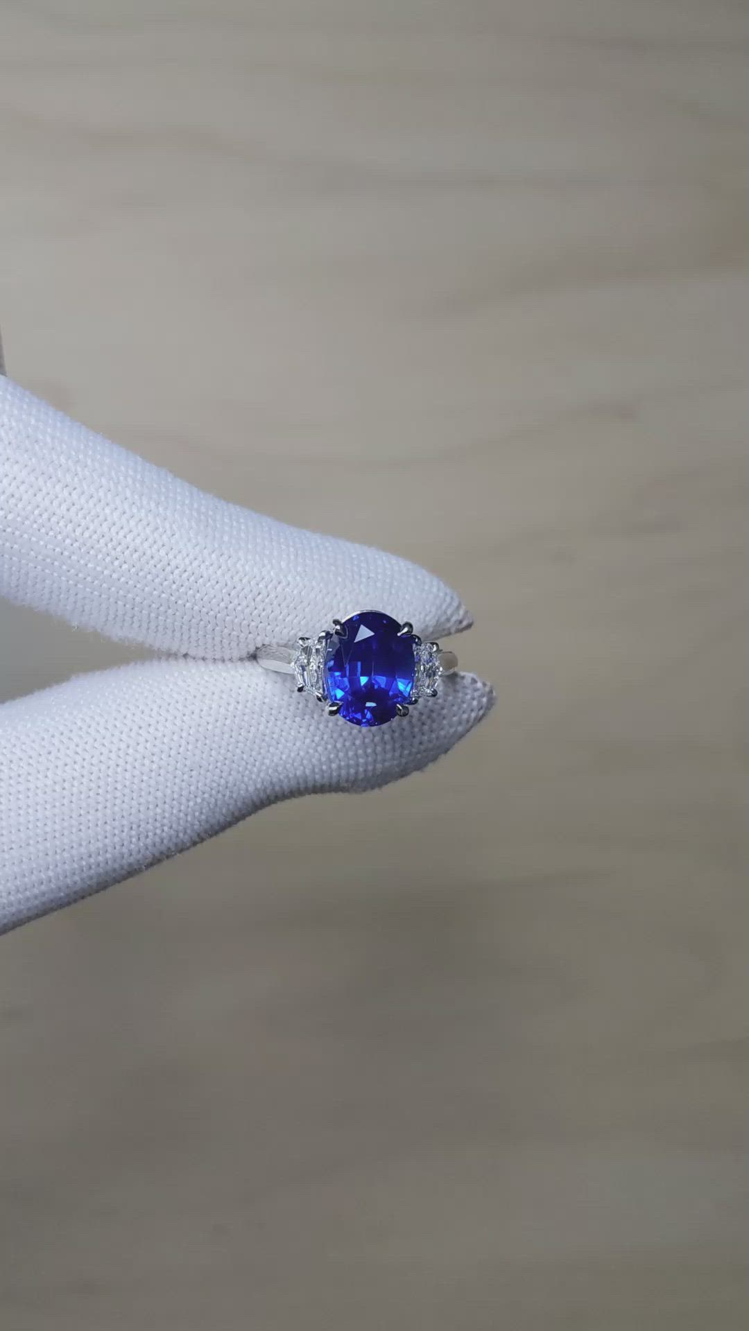 5.28 Ct. Blue Sapphire and Natural Diamond Three Stone Ring, Platinum 950 Size Video