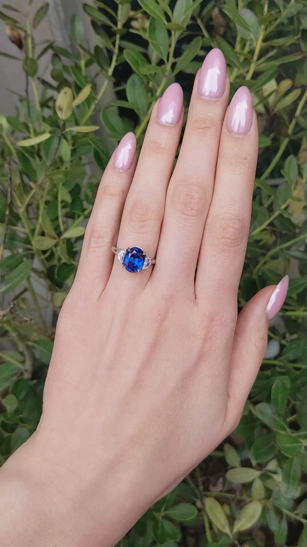 5.28 Ct. Blue Sapphire and Natural Diamond Three Stone Ring, Platinum 950 Size Video