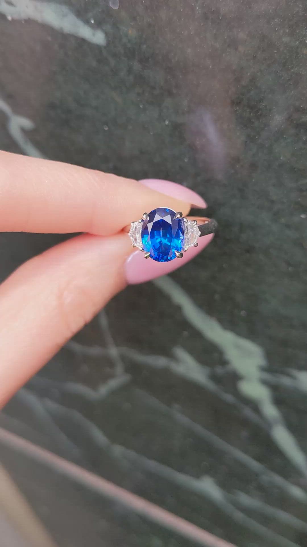 5.28 Ct. Blue Sapphire and Natural Diamond Three Stone Ring, Platinum 950 Size Video